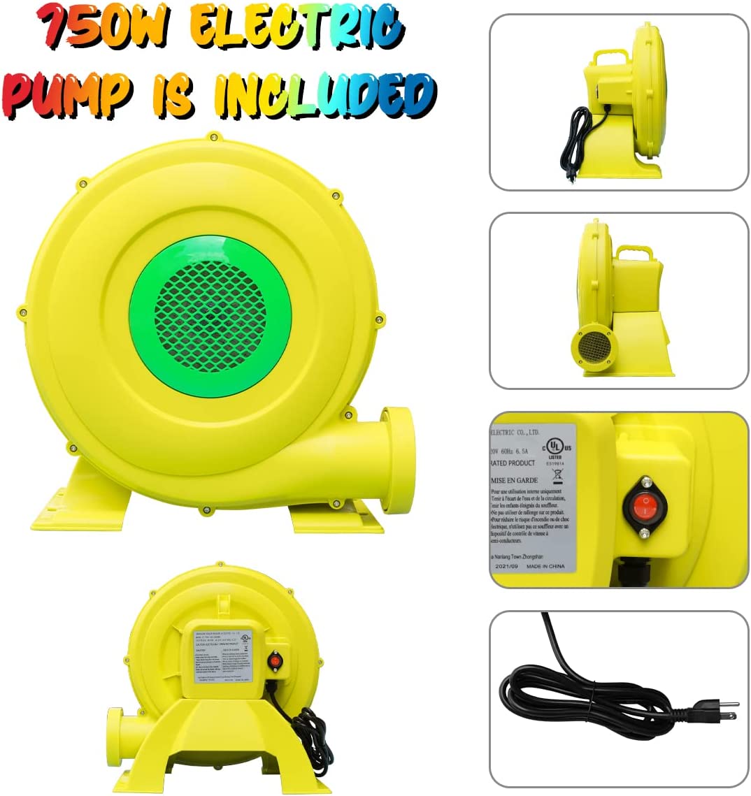 FBSPORT Inflatable Jumper Bounce House Plus Heavy Duty Blower，Slide Bouncer with 750W Air Blower， Jumping Bouncy Castle with Slide Indoor Outdoor for Kids