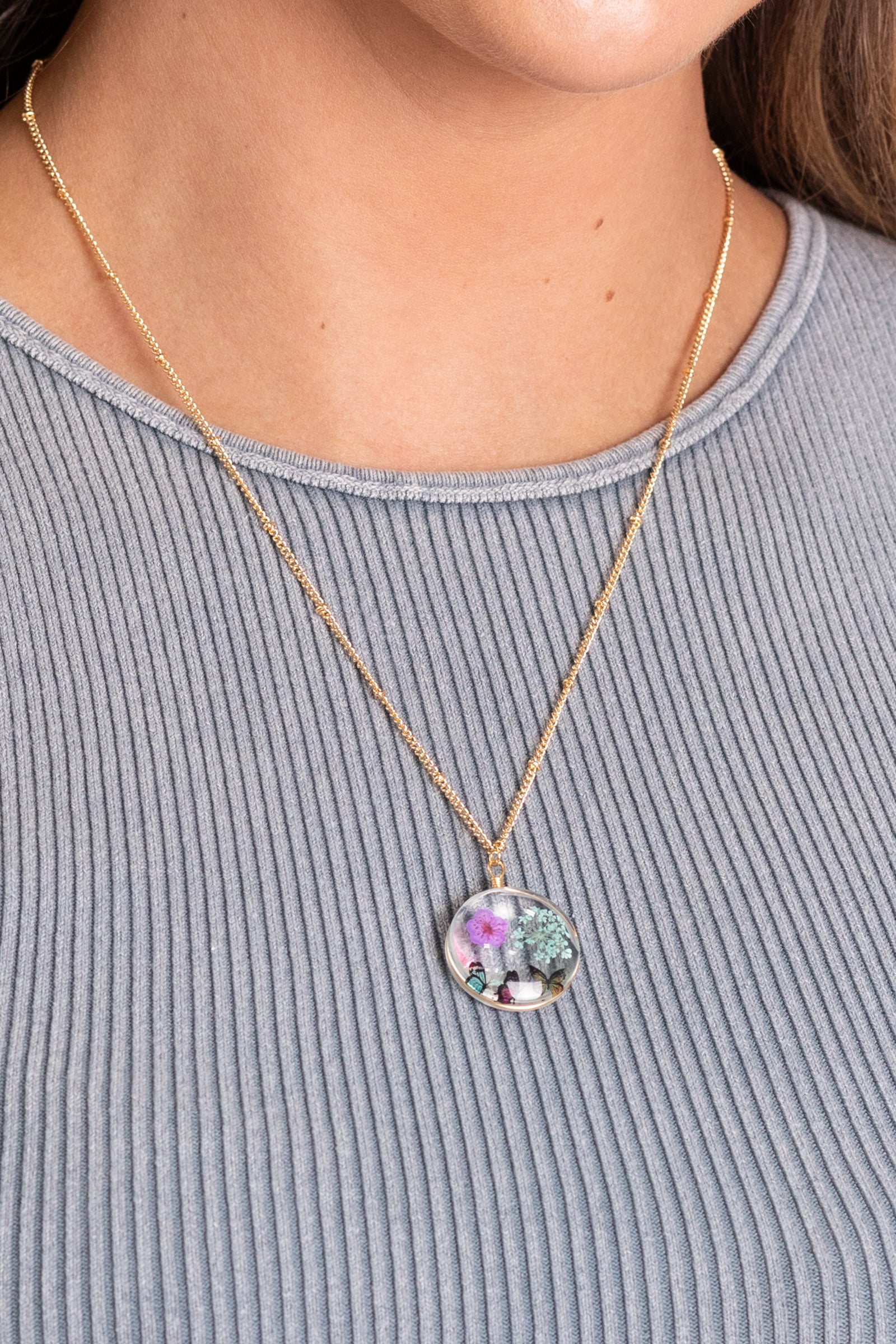 Cottage Floral Butterfly Dried Necklace