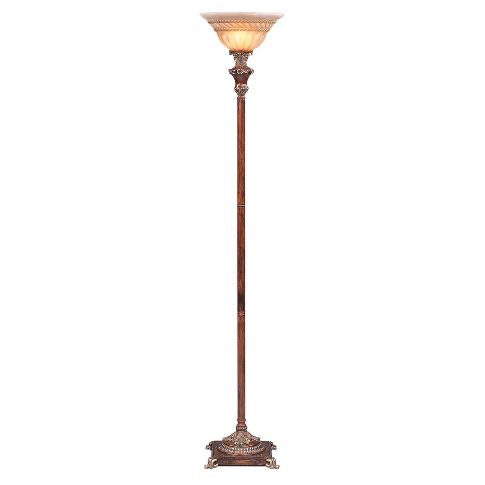 HomeRoots 431805 69 in. Faux Wood Torchiere Floor Lamp with Brown Stained Glass Bell Shade, Brown
