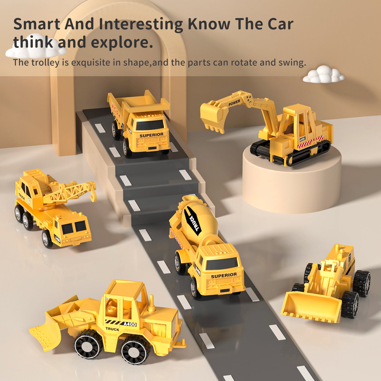 TEMI Storage Transport Plane Cargo with 6 Free Wheel Diecast Construction Vehicles， Kids Toy with Lights and Sounds for 3+ Years Old Boys and Girls Gift