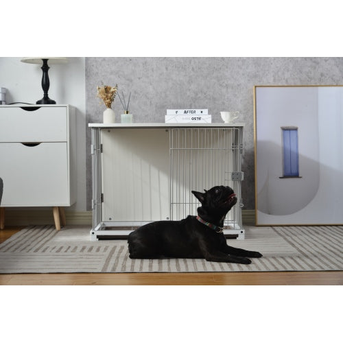 White Dog Crate， 34” Length Single Door Pet Dog House Cage with Movable Salver