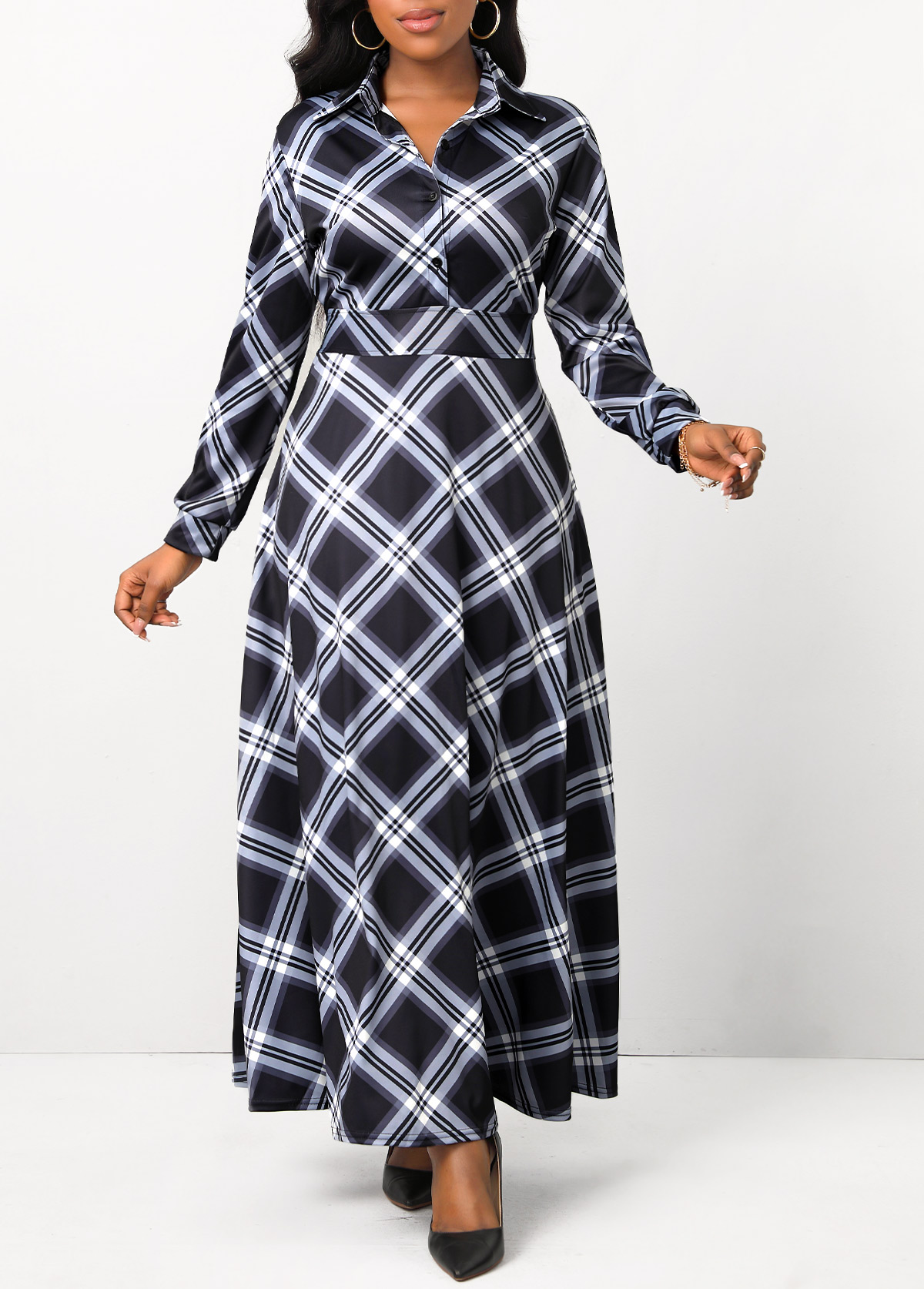 Plaid Button Black Shirt Collar Maxi Dress