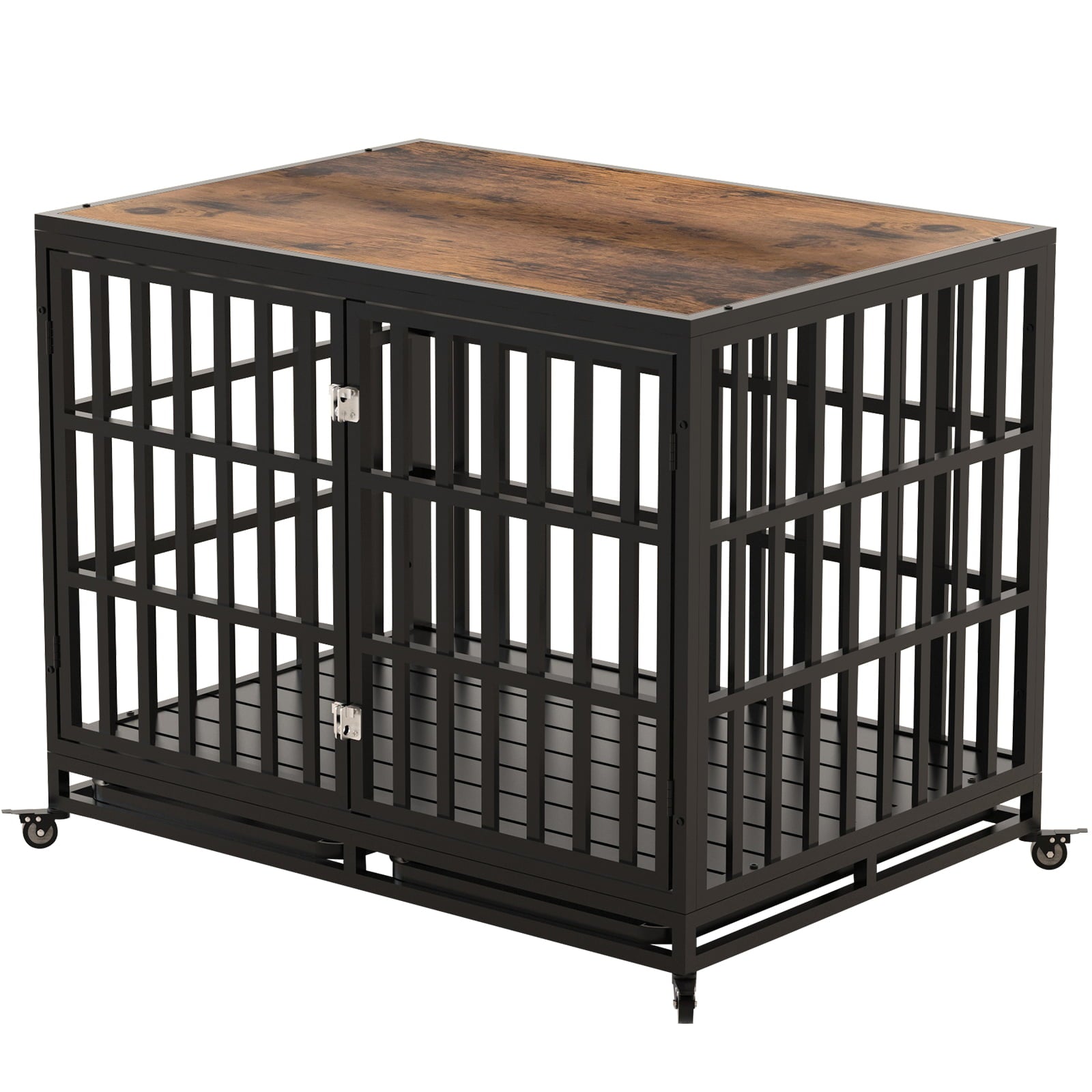 Heavy Duty Dog Crate， 42 Inch Dog Crate Furniture for Medium Large Dogs， Wooden Thickened Dog Cage Kennel Decorative Pet House Indoor with Removable Trays  and Lockable Wheels