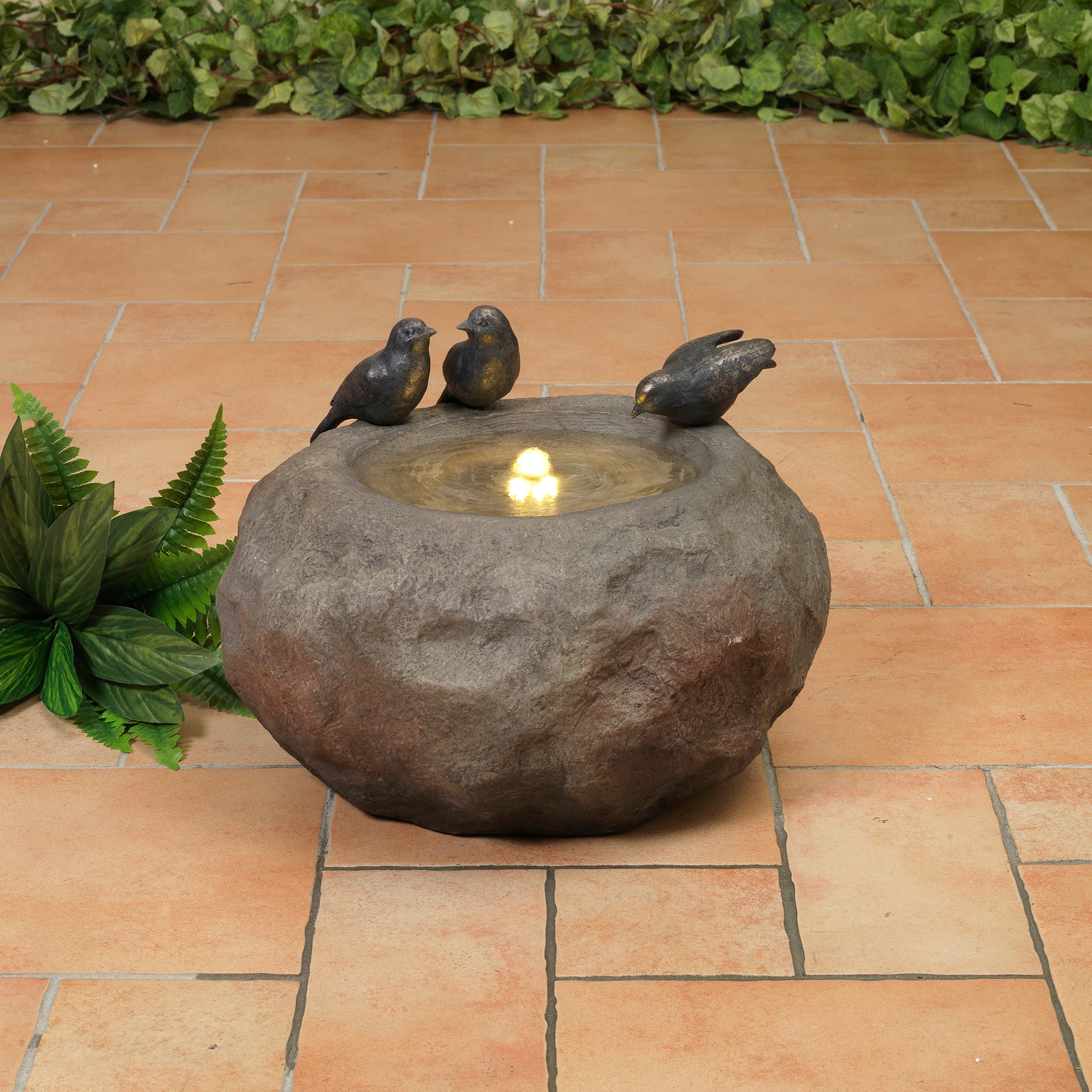 Gerson 16.5-Inch Long Electric Polyresin Stone Water Fountain with 3 bird accents