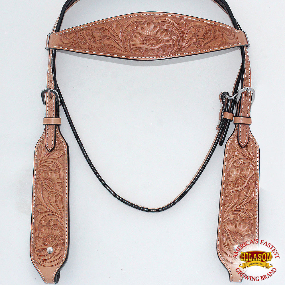 40BH Hilason Western Horse Headstall Bridle American Leather Tan Floral Carved