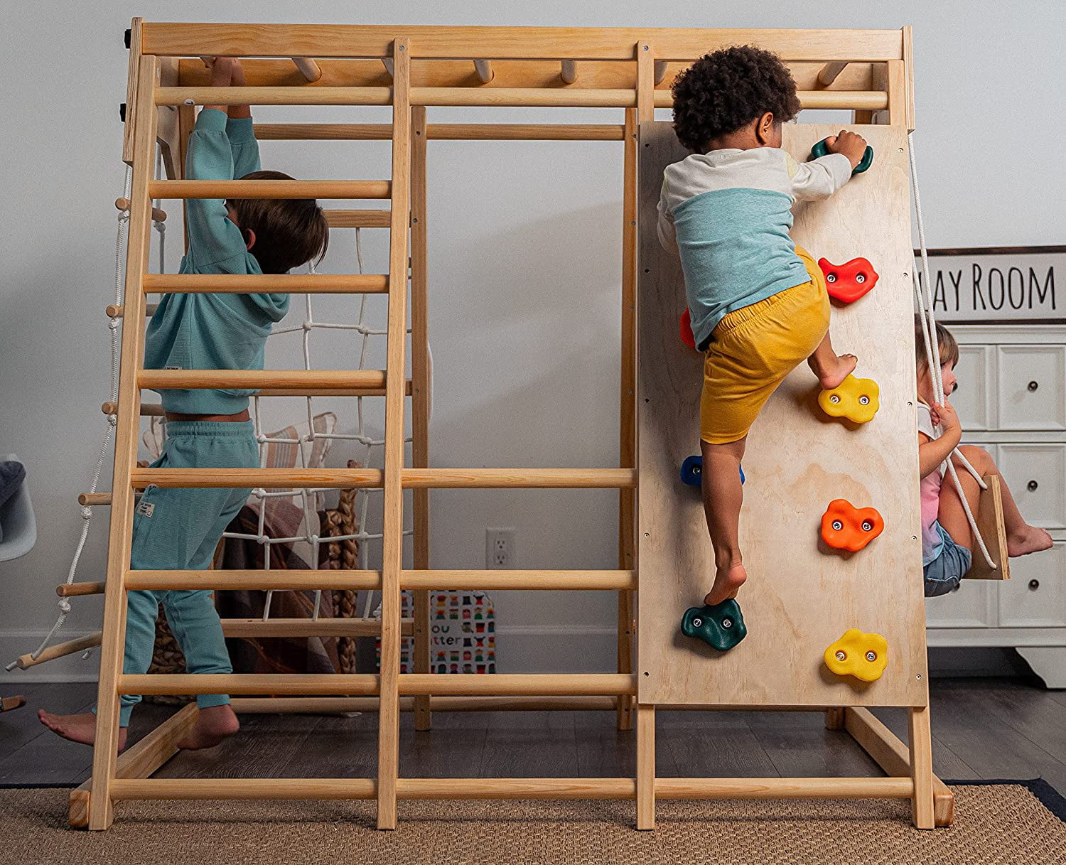 Avenlur Indoor Toddler and Child Indoor Gym Playground Climber - Real Wooden Playset 6-in-1 Slide， Rock Climb Wall， Rope Wall Climbing， Monkey Bars， Swing， Ladder Fun Gym for Children