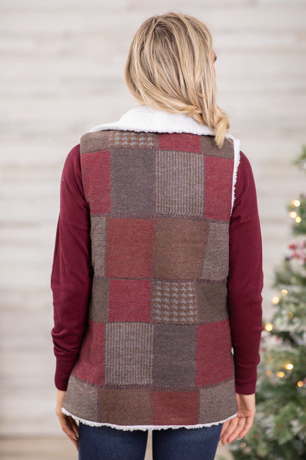 Burgundy and Brown Plaid Sherpa Vest