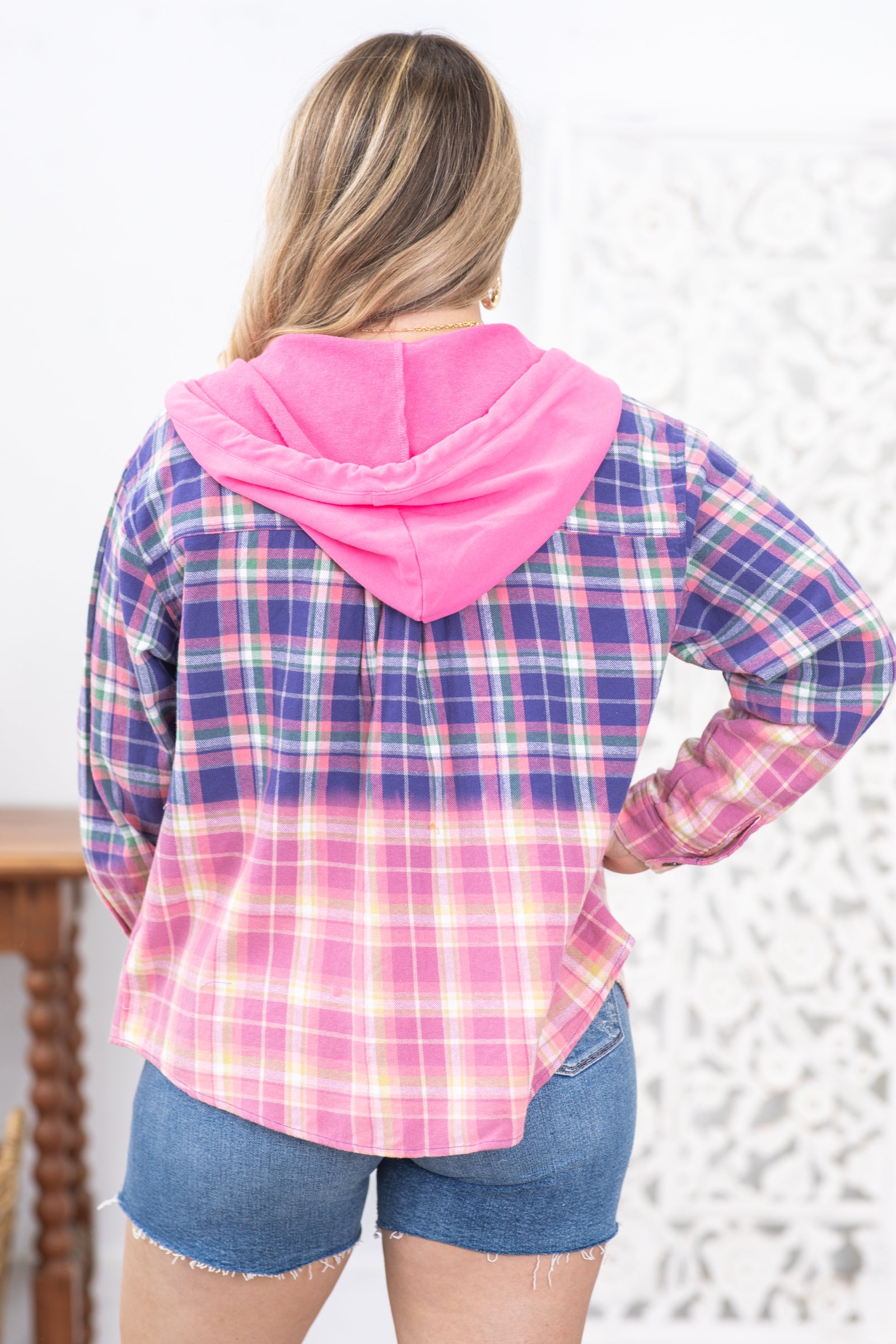 Navy and Pink Plaid Hooded Button Up Top