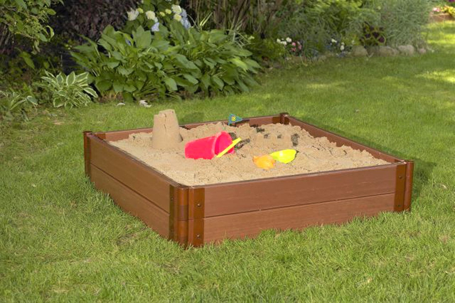 Frame It All Tool-Free Classic Sienna 4ft. x 4ft. x 11in. Composite Square Sandbox Kit with Collapsible cover - 1