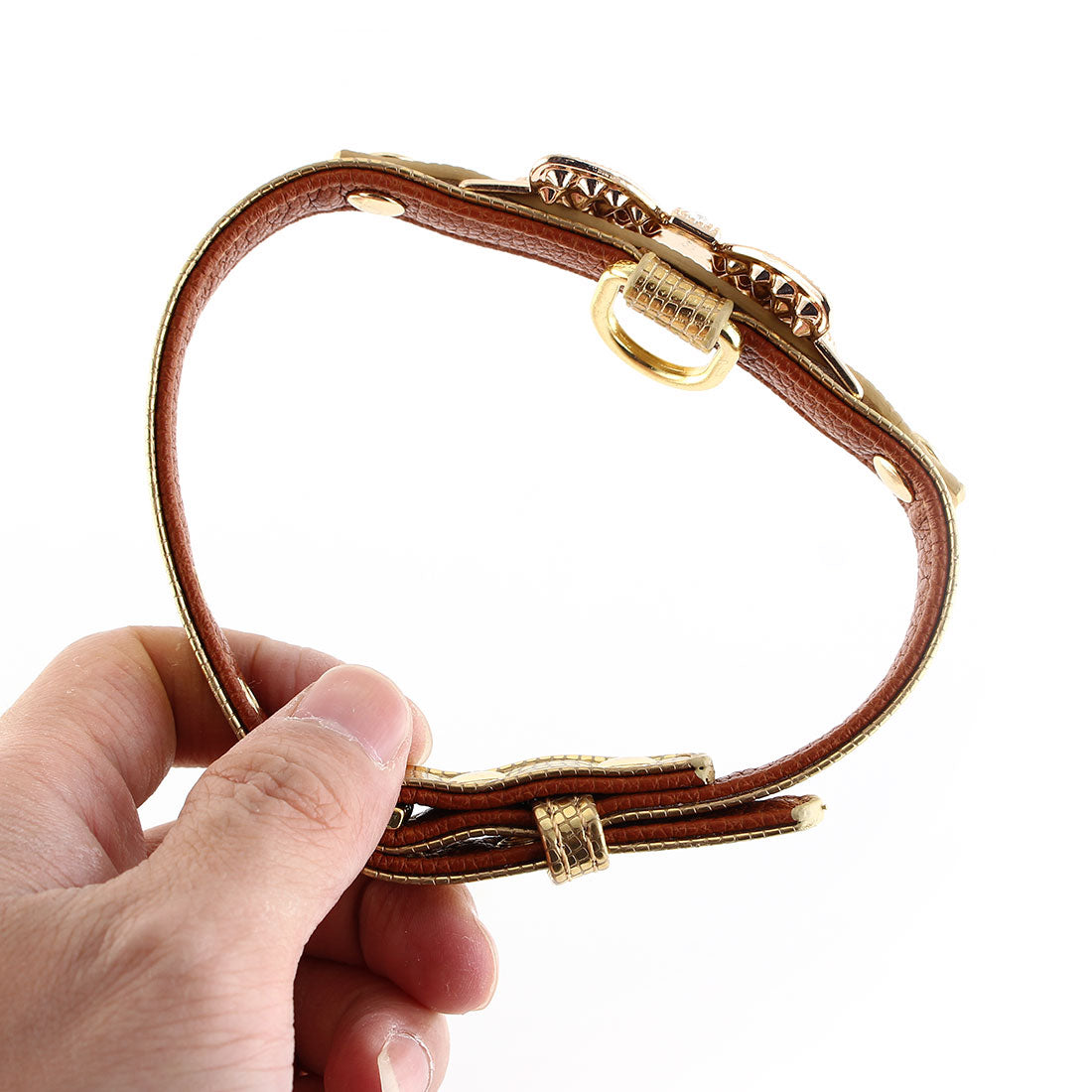 Unique Bargains Faux Leather Bowknot Shape Decor Adjustable Pet Dog Cat Collar Gold Tone S