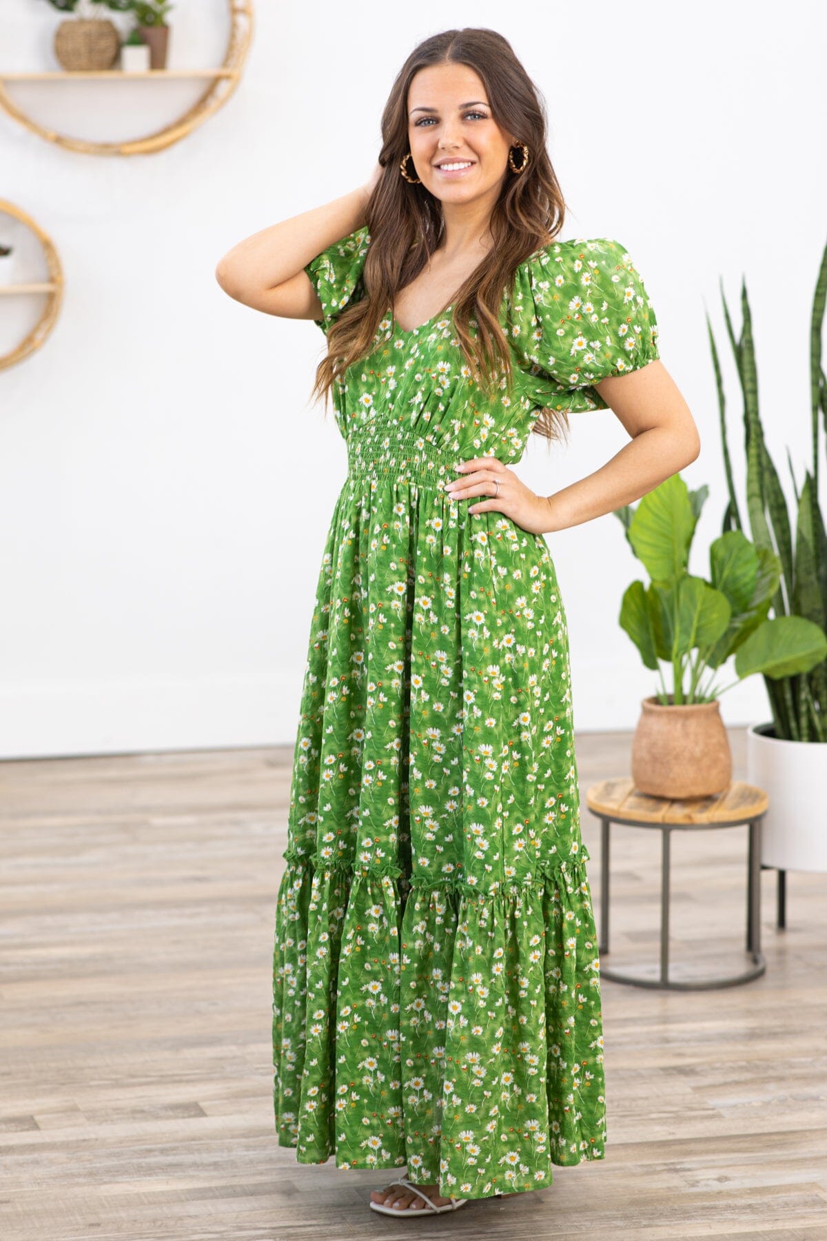 Green Multicolor Floral Puff Sleeve Maxi Dress