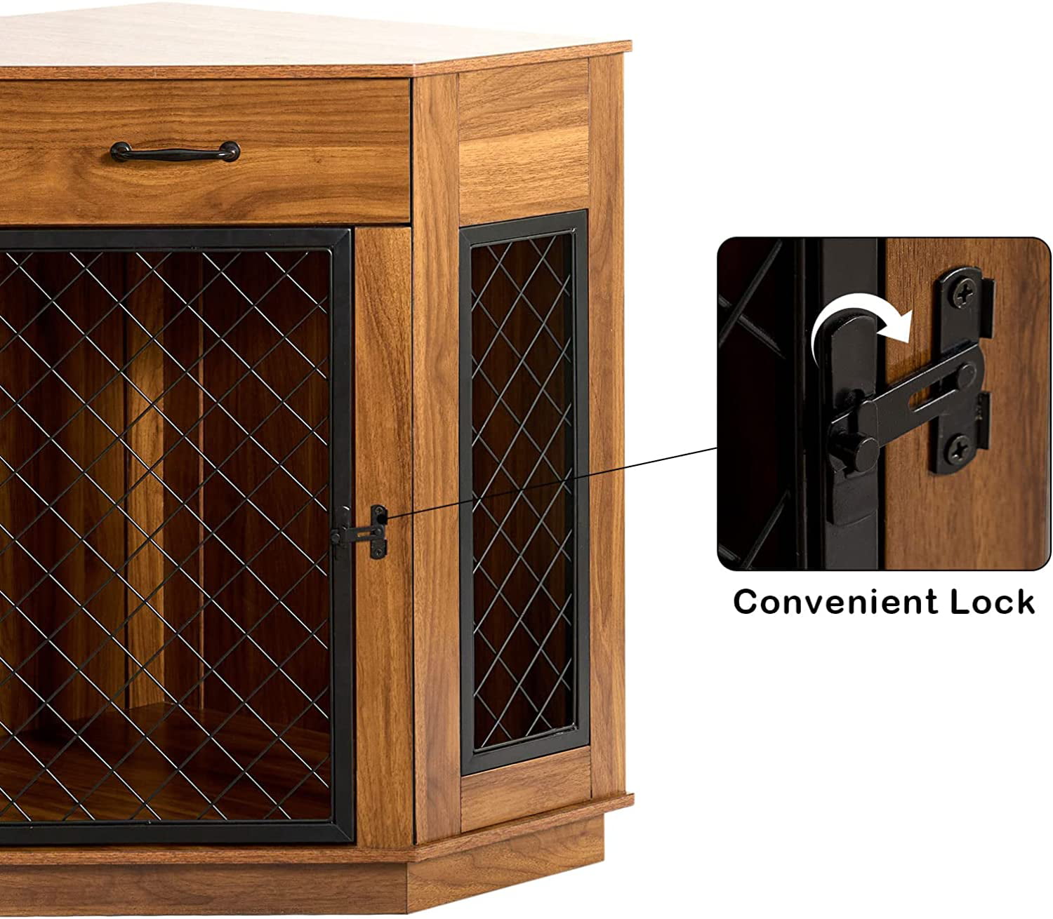 Soges Dog Crate Furniture with Drawer， Corner Kennel with Mesh Door， Wooden Dog House for Small/Medium Dog