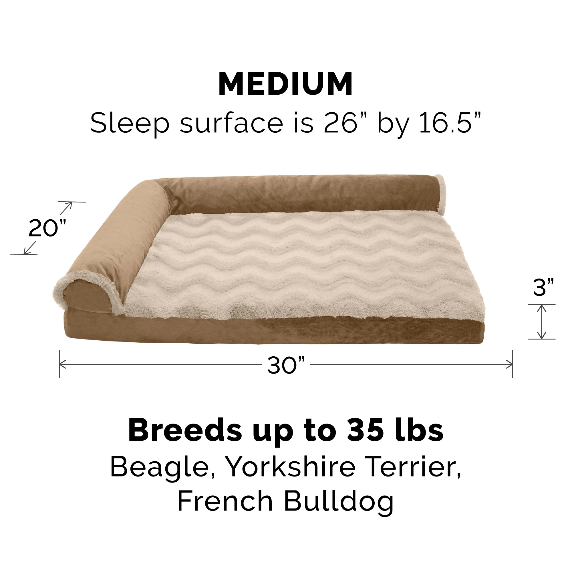 FurHaven | Deluxe Memory Foam Wave Fur and Velvet L-Chaise Lounge Pet Bed for Dogs and Cats， Brownstone， Medium