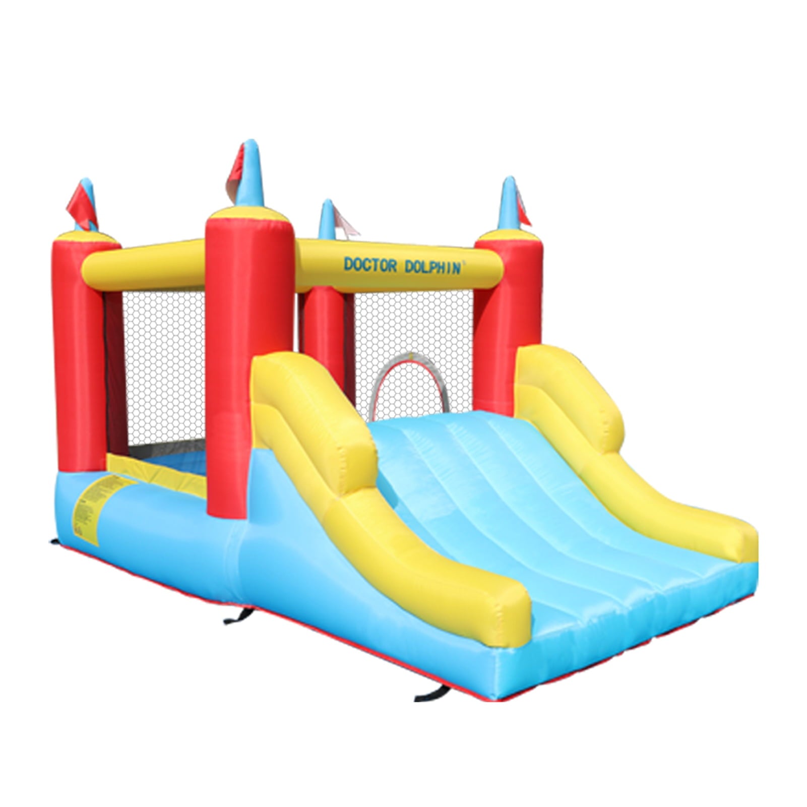 Doctor Dolphin Inflatable Bounce House with Wide Water Slide Kids Water Park with Blower for Backyard Party