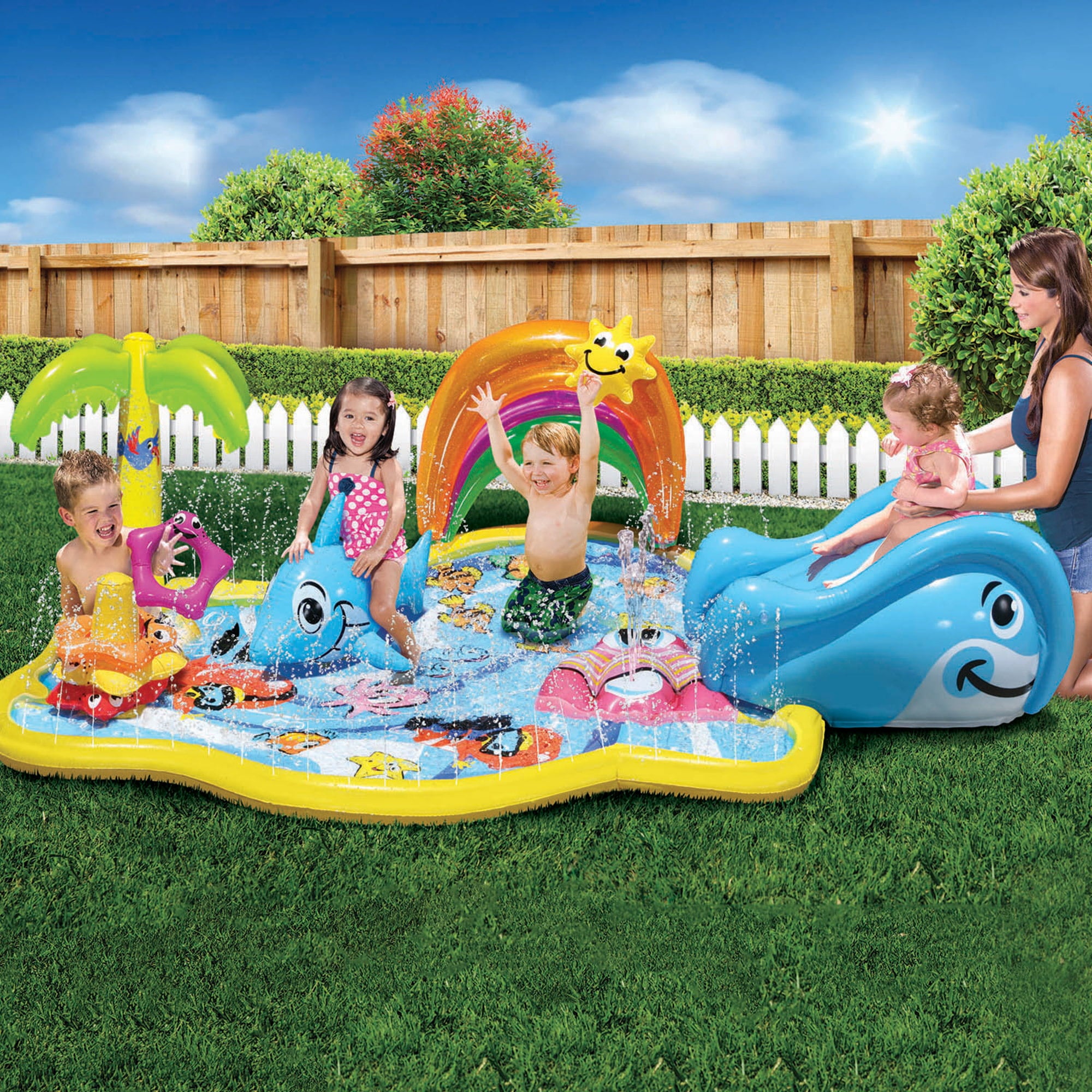 Banzai Splish Splash Water Park JR， Length: 90 in， Width: 52 in， Height: 24 in， Junior Inflatable Outdoor Backyard Water Splash Toy