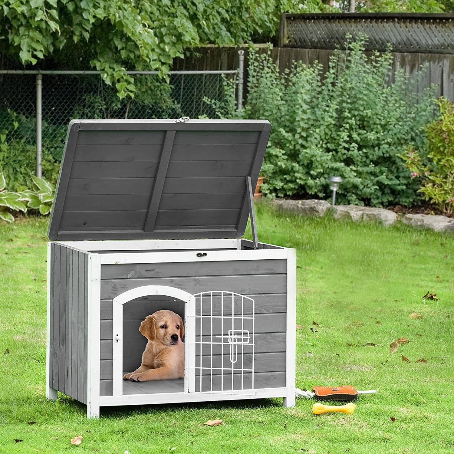PawHut Foldable Wooden Dog House Raised Puppy Cage Kennel Cat Shelter for Indoor and Outdoor w/Lockable Door Openable Roof Removable Bottom for Small and Medium Pets Grey