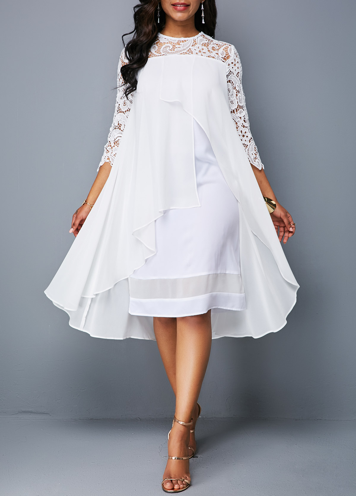White Flyaway Round Neck Lace Patchwork Dress
