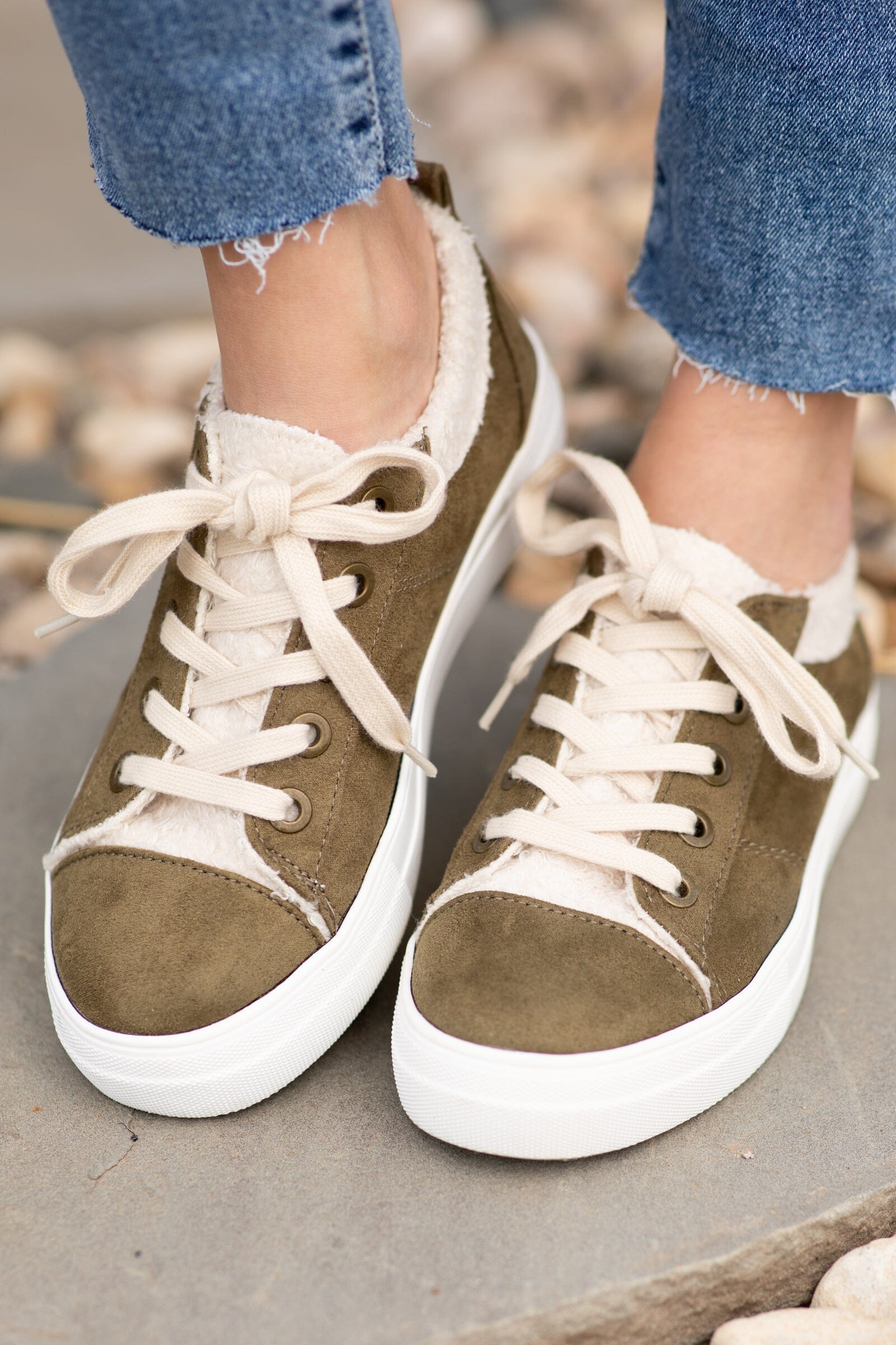 Olive and Beige Lace Up Sneakers
