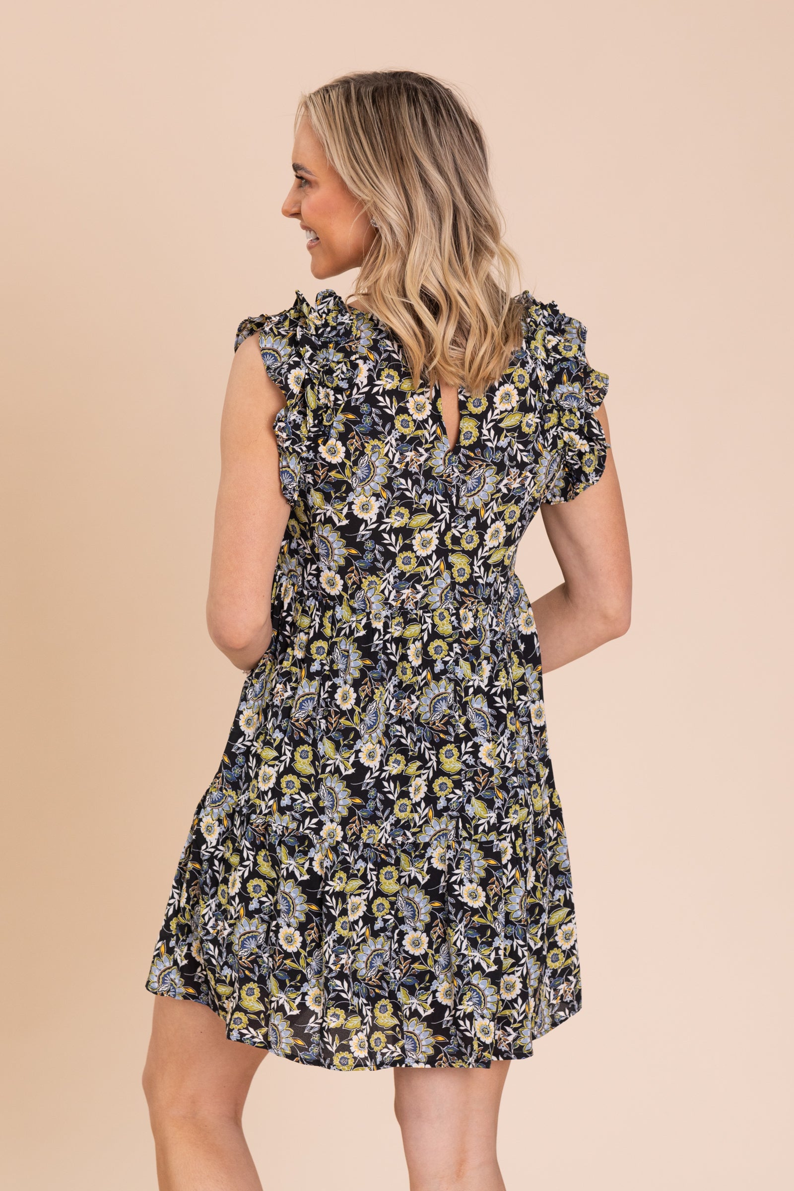 Black Flower Pattern Ruffle Sleeve Dress