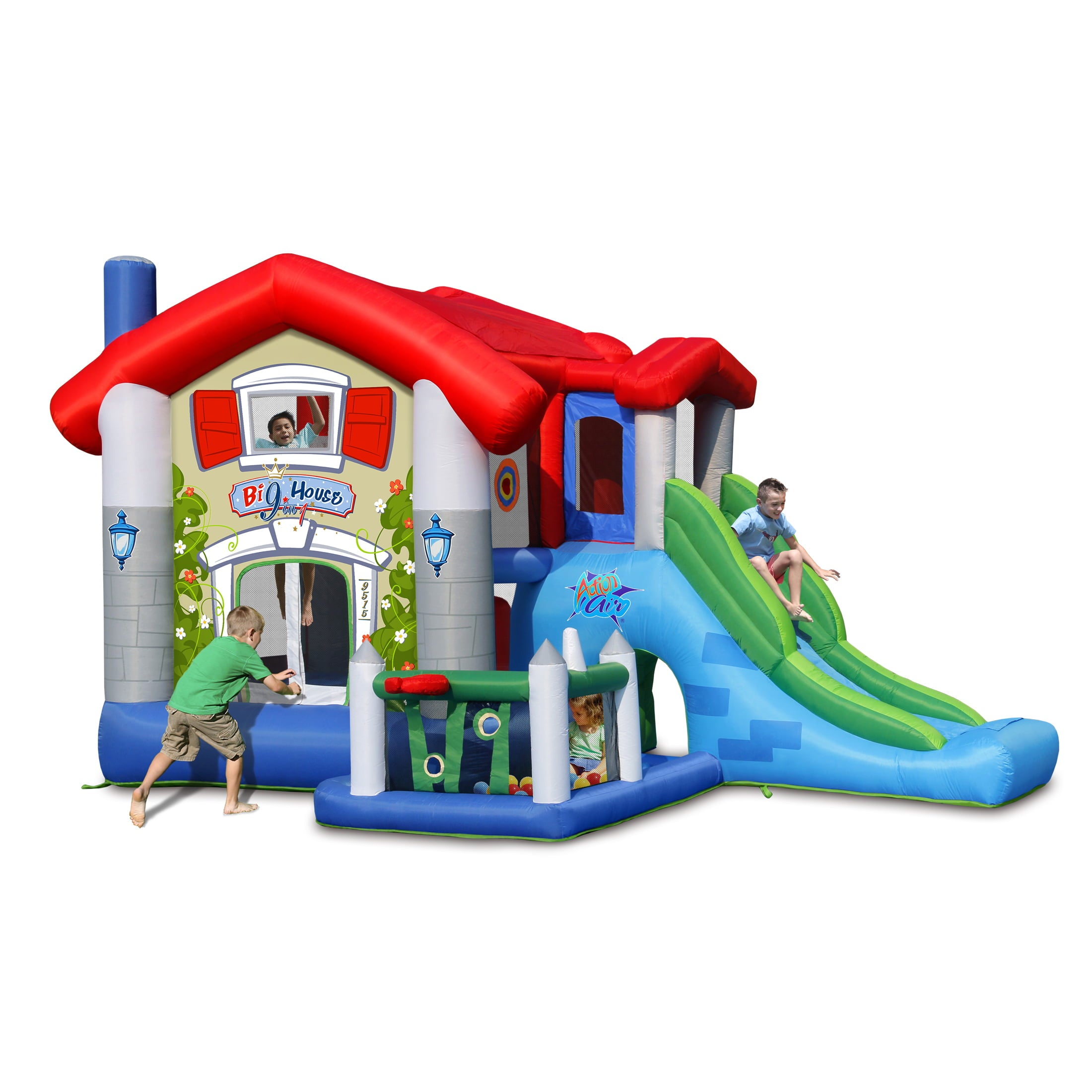 Action Air Bounce House， Inflatable Bouncer with 30 Pit Ball， Bouncy Castle with Blower for Kids 3-10 Years
