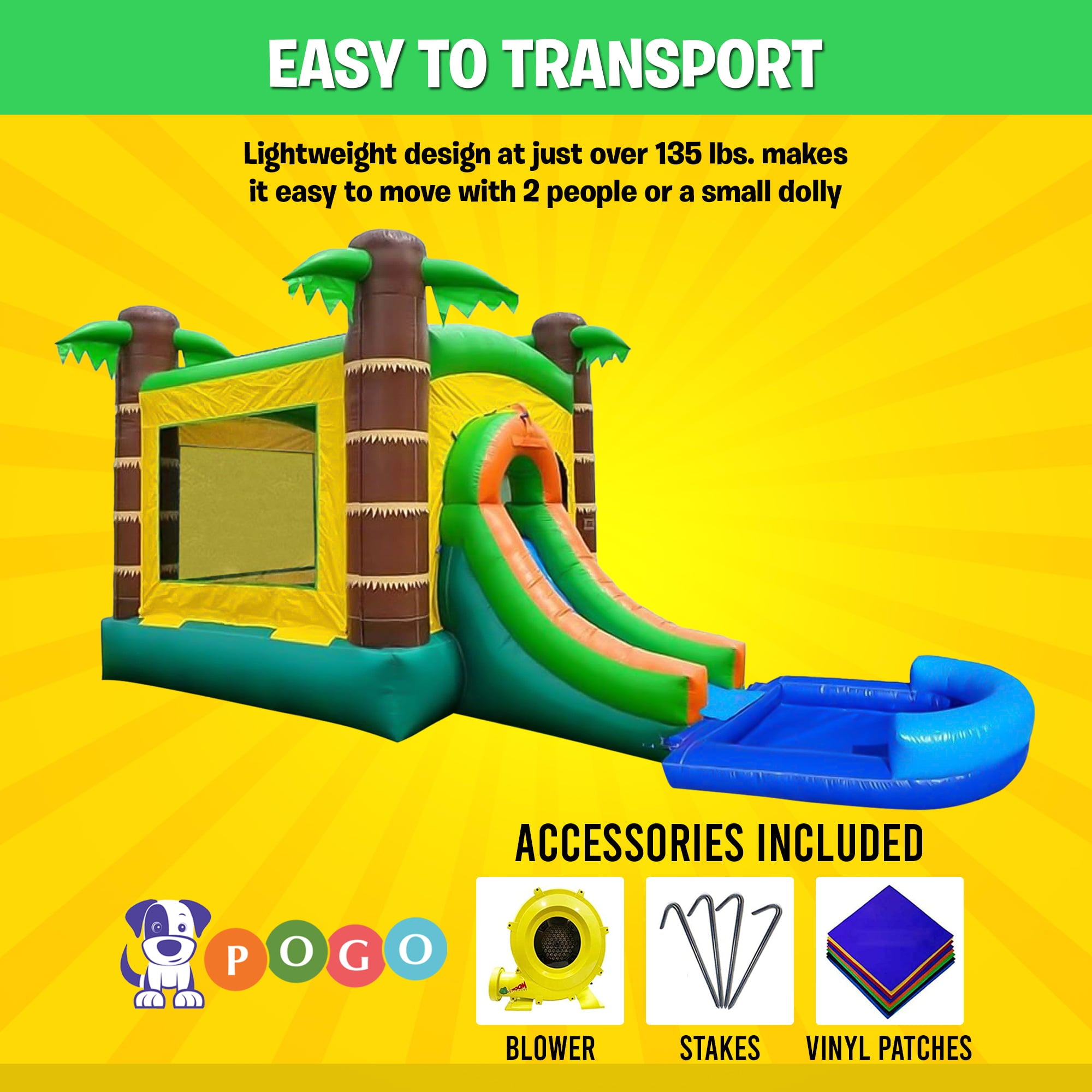 Pogo Bounce House Crossover Tropical Duo，  Bounce House and Bounce House with Slide and Splash Pool