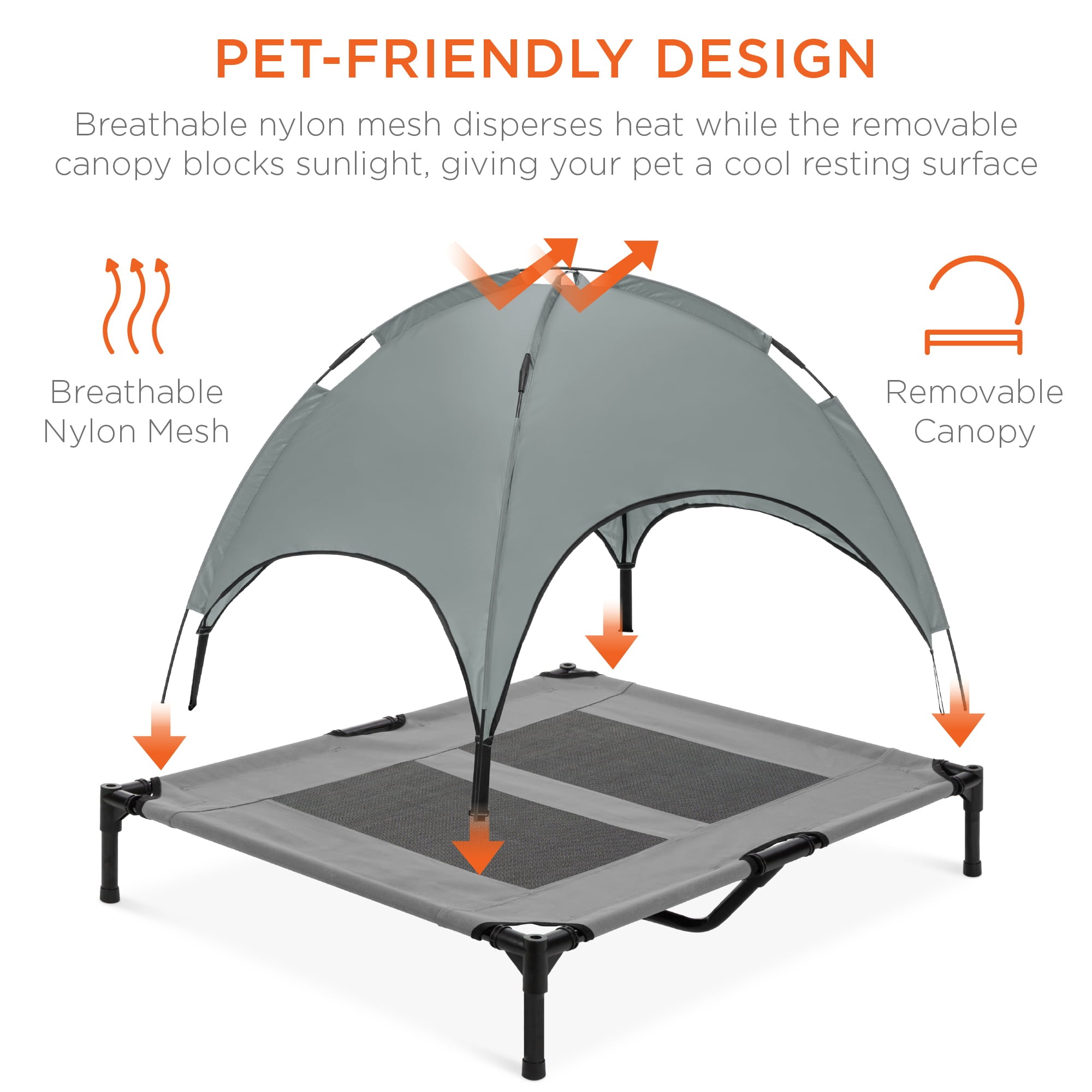 Best Choice Products 36in Outdoor Raised Mesh Cot Cooling Dog Pet Bed w/ Removable Canopy， Travel Bag - Gray