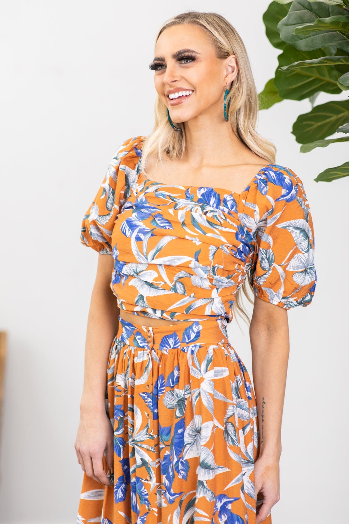 Orange and Cobalt Floral Square Neck Top