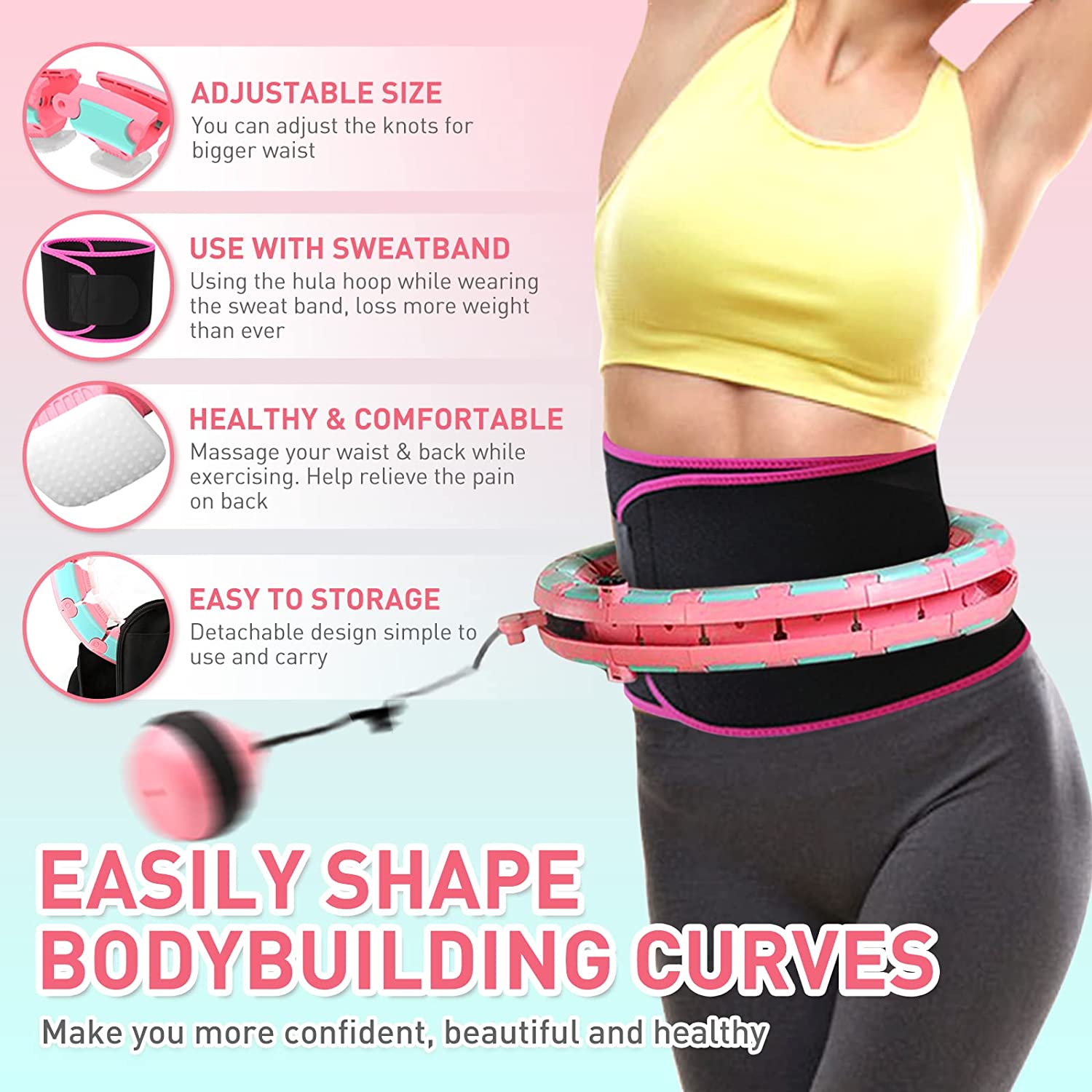 Weighted Smart Hoola Hoops Fitness for Adults Weight Loss， 24 Detachable Knots Hula Hoop Plus Size， 2 in 1 Waist Trainers Adomen Message Great for Adults and Kids