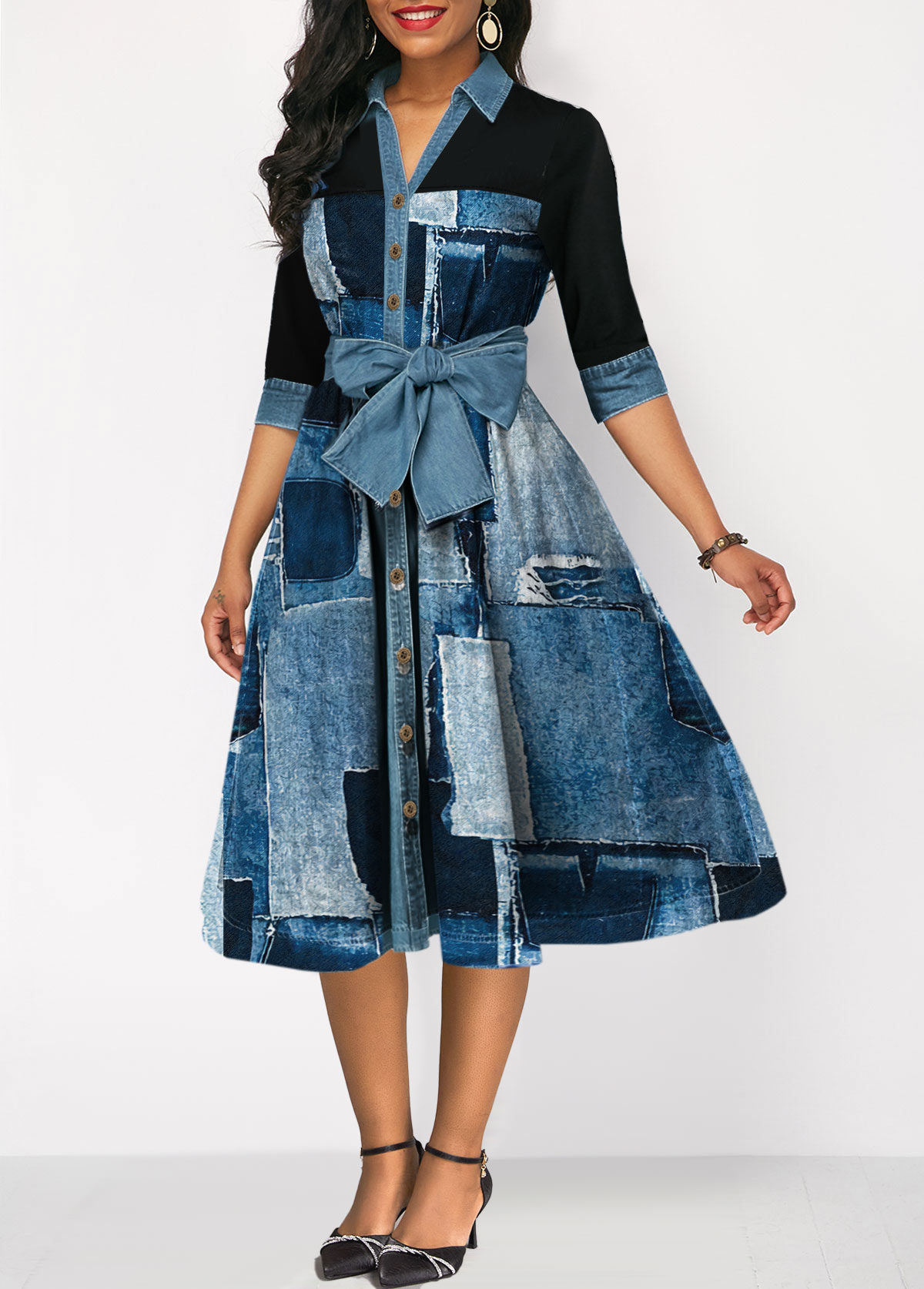 Denim Look Print Belted Button Dress