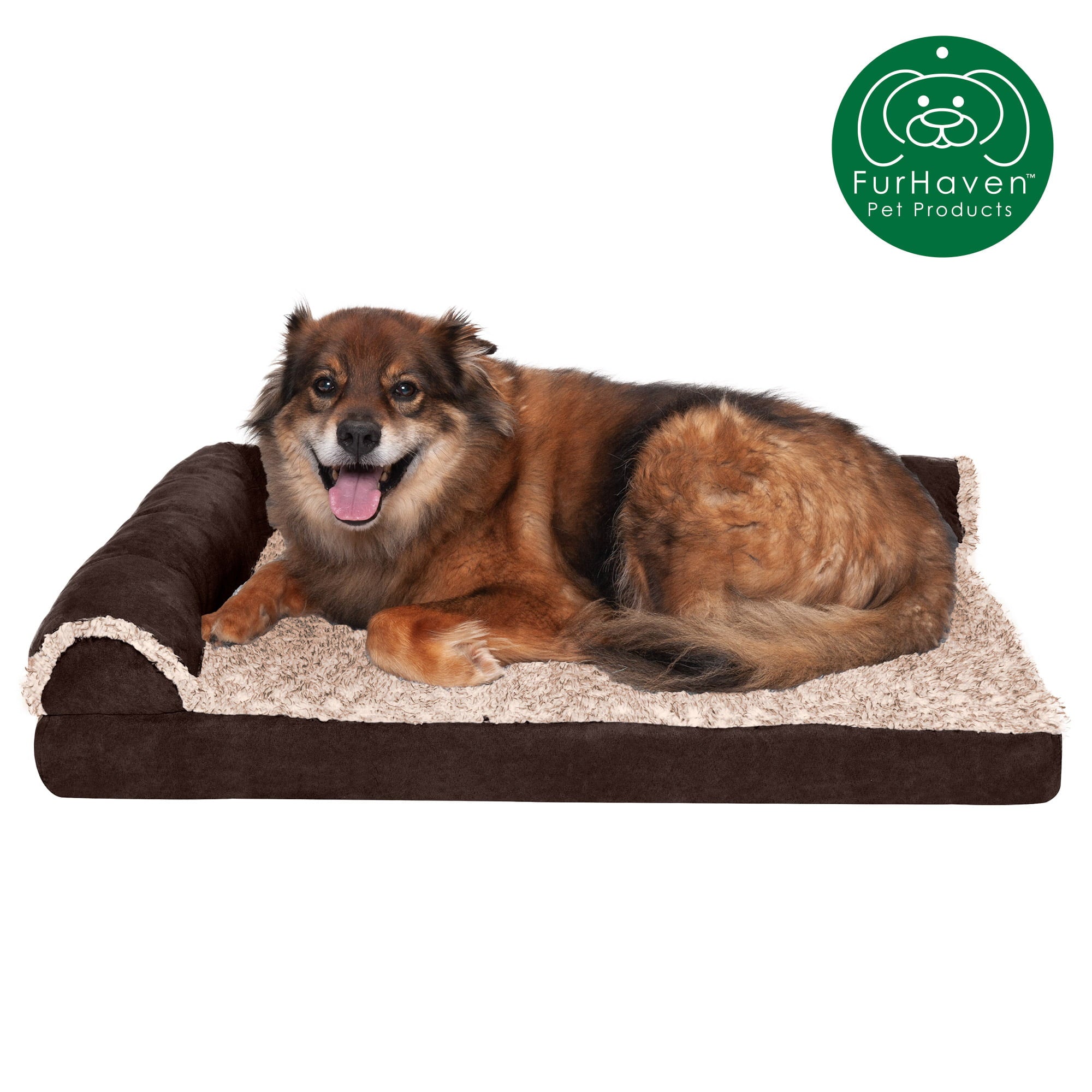 FurHaven Pet Products | Deluxe Memory Foam Chaise Faux Fur and Suede L-Shaped Lounge Sofa Pet Bed for Dogs and Cats， Espresso， Large