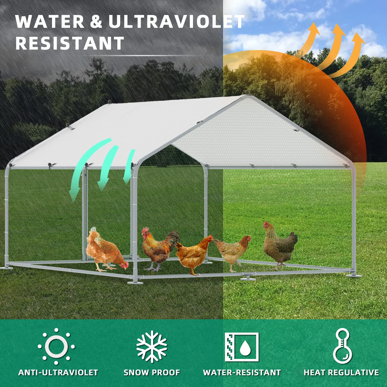 VIVIJASON Large Metal Chicken Coop Outdoor Walk-in Poultry Cage Hen Run House Rabbits Habitat Cages Spire Shaped Coop with Waterproof and Anti-UV Cover for Yard Farm (6.36' L x 9.64' W x 6.36' H)