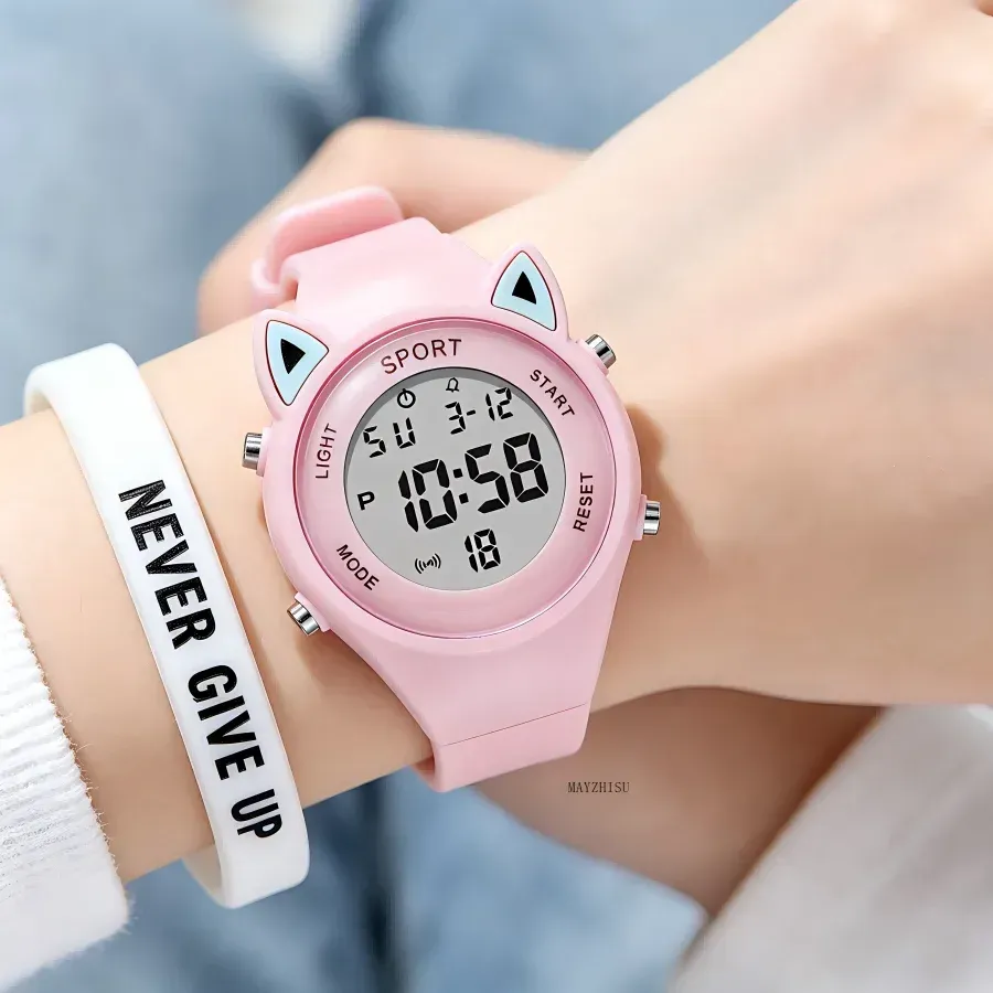 LIUYANGTIAN 3D Cat-ear Women Watch with Bracelet Sports Electronic Watches for Girls and Boys Student Waterproof LED Digital Wristwatch Gift
