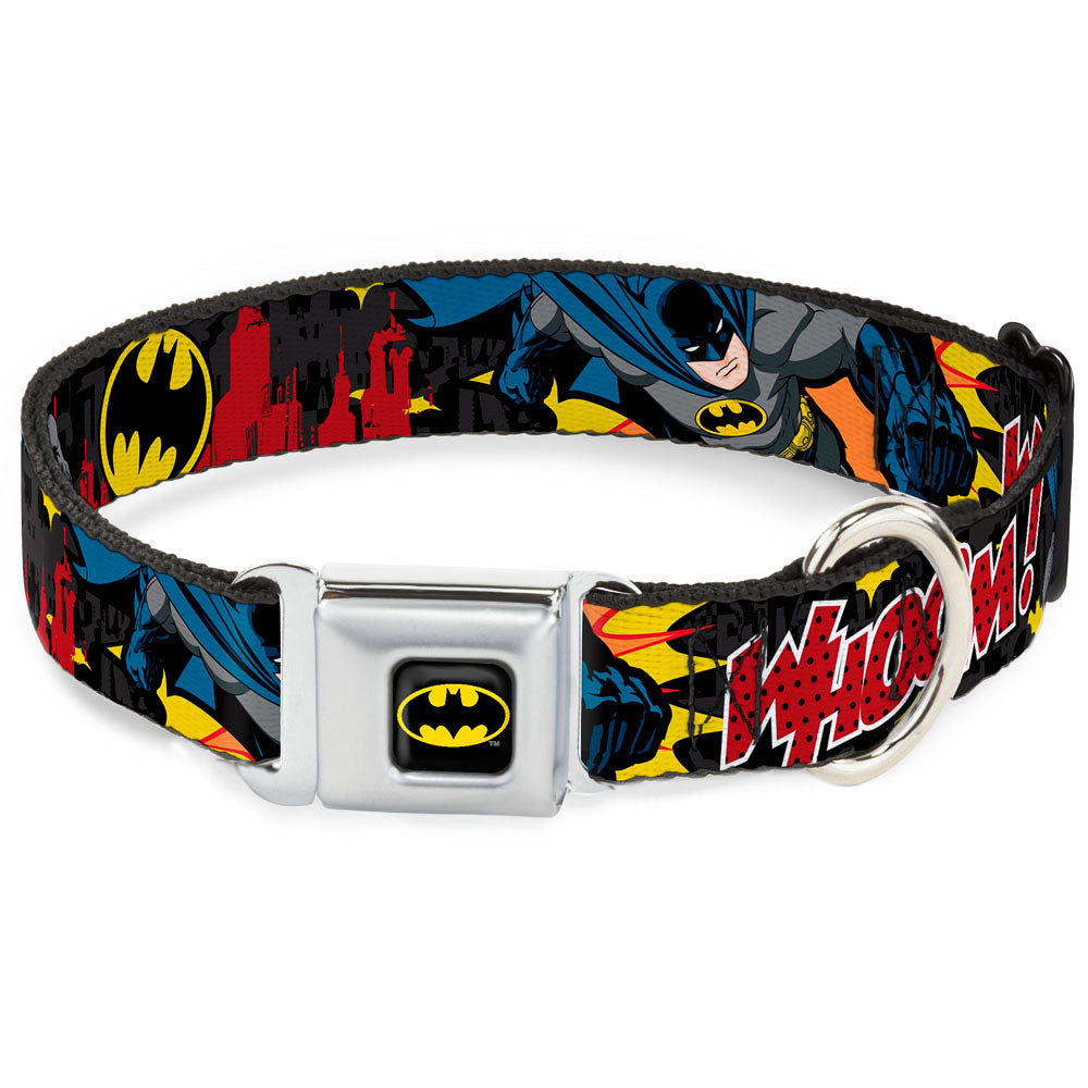 DC Comics Pet Collar， Dog Collar Metal Seatbelt Buckle， Batman In Action Whoom Red Skyline， 11 to 16.5 Inches 1.0 Inch Wide