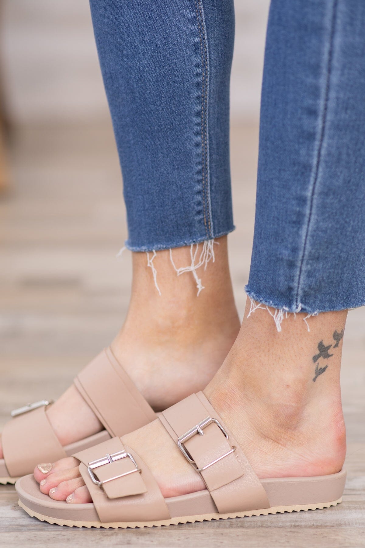 Tan Double Strap Sandals With Silver Buckles