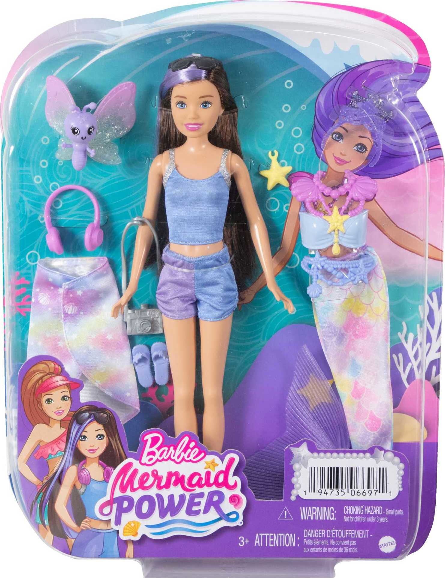 Barbie Mermaid Power Skipper Doll with 10 Pieces including Mermaid Tail, Pet and Accessories