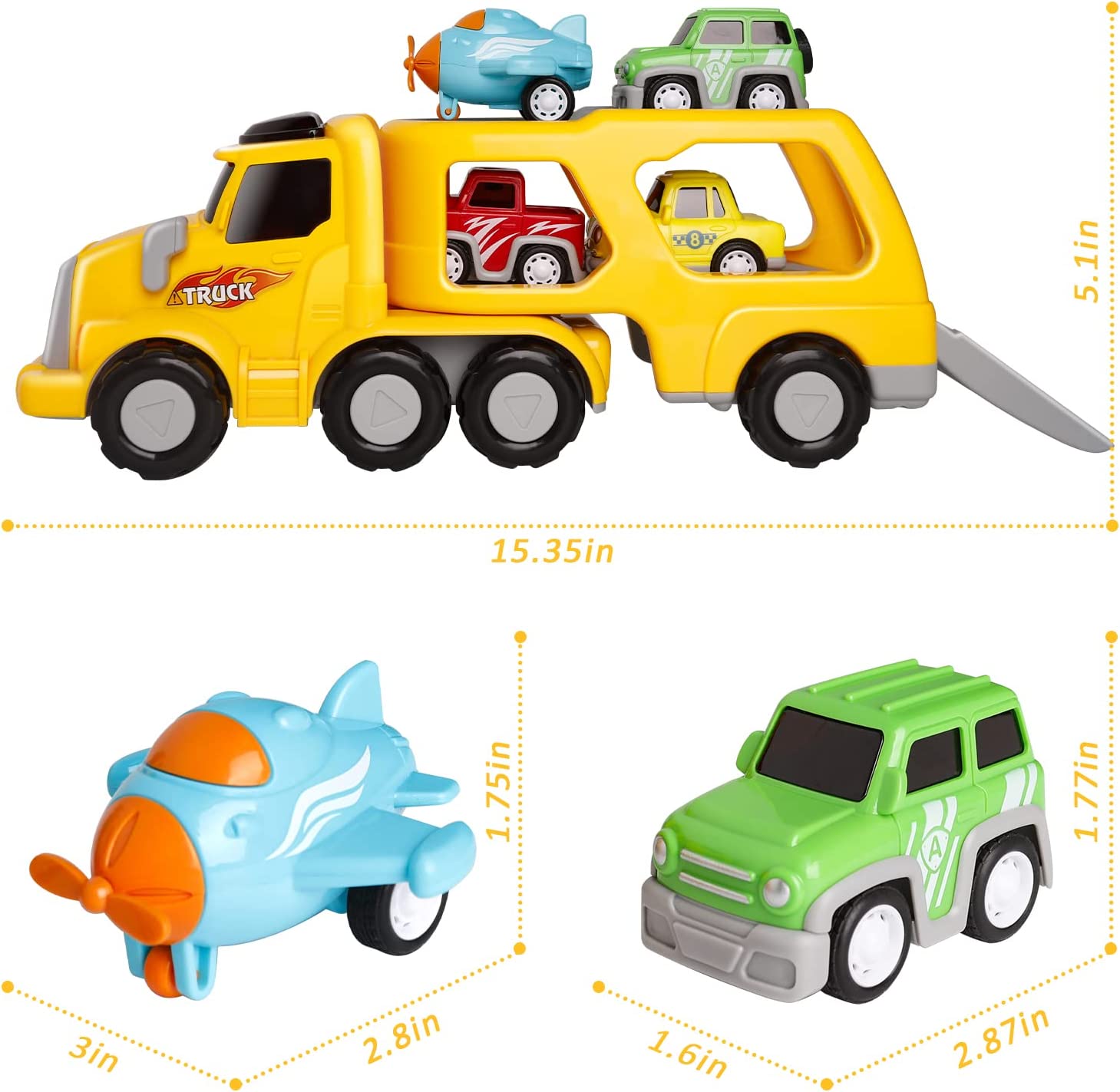 LAYADO 5 in-1 Toy Trucks for Boys，Truck Toy for 1 2 3 4 5 6 Year Old Girls and Boys，Big Transport Truck with 4 Small Pull Back Cars，Carrier Truck Toy with Sound and Light，Gifts for Birthday