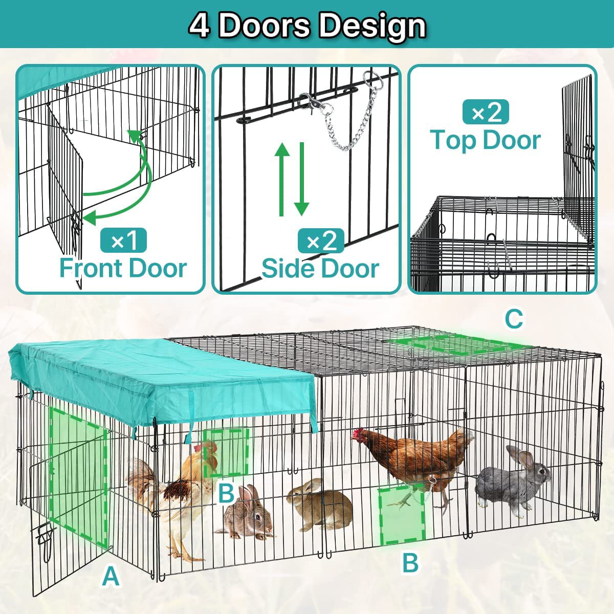 Dkeli Metal Chicken Coop Cage Walk-in Rabbit Enclosure Pen Outdoor Backyard Chicken Run Pen with Waterproof Cover for Rabbit Duck Hen， 72