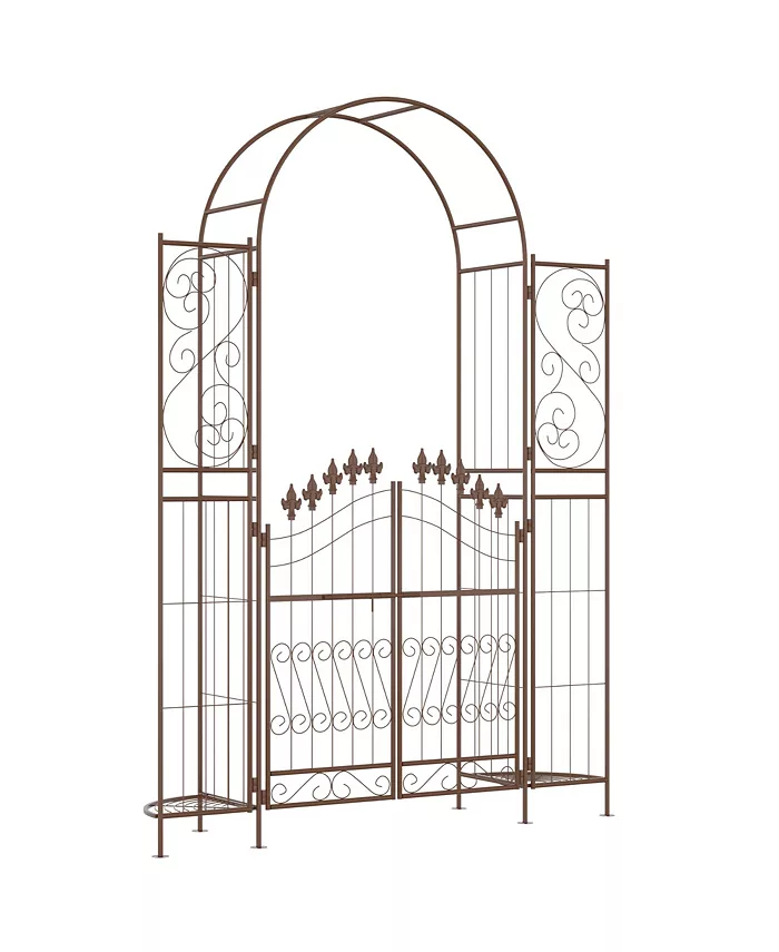 Outsunny 7' Metal Garden Arbor， Garden Arch with Gate， Fleur De Lis Motif， Latching Doors， Planter Shelves for Climbing Vines， Ceremony， Weddings， Par