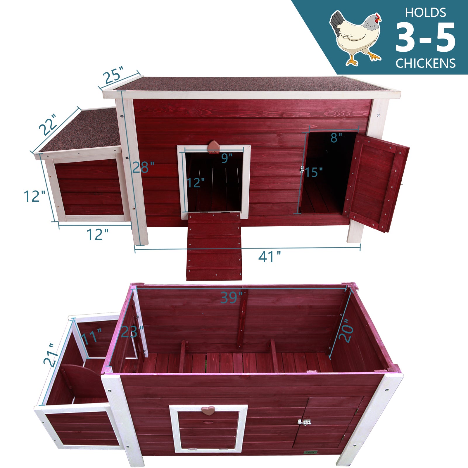 Petsfit Wooden Chicken Coop with Nesting Box， Weatherproof Poultry Cage， Rabbit Hutch Red