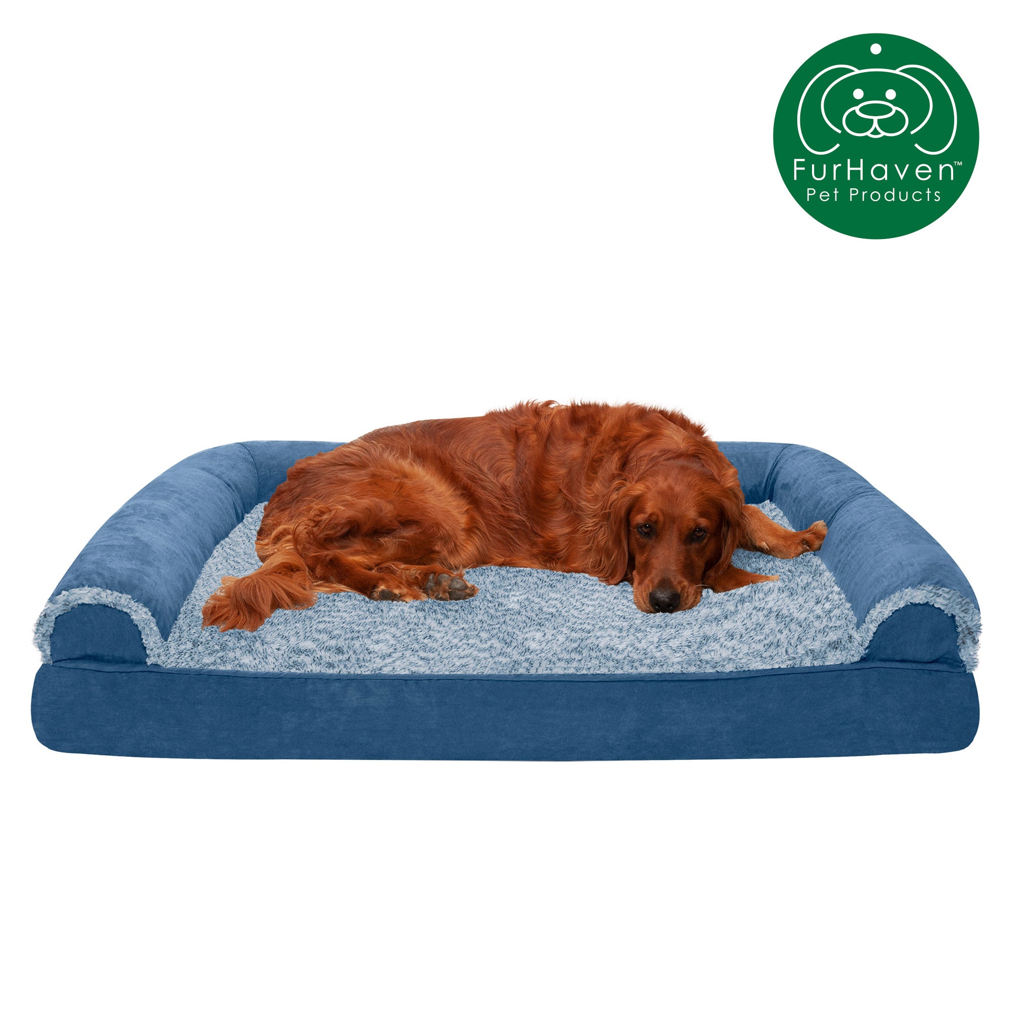 FurHaven Pet Products | Memory Foam Two-Tone Faux Fur and Suede Sofa-Style Couch Pet Bed for Dogs and Cats， Marine Blue， Jumbo