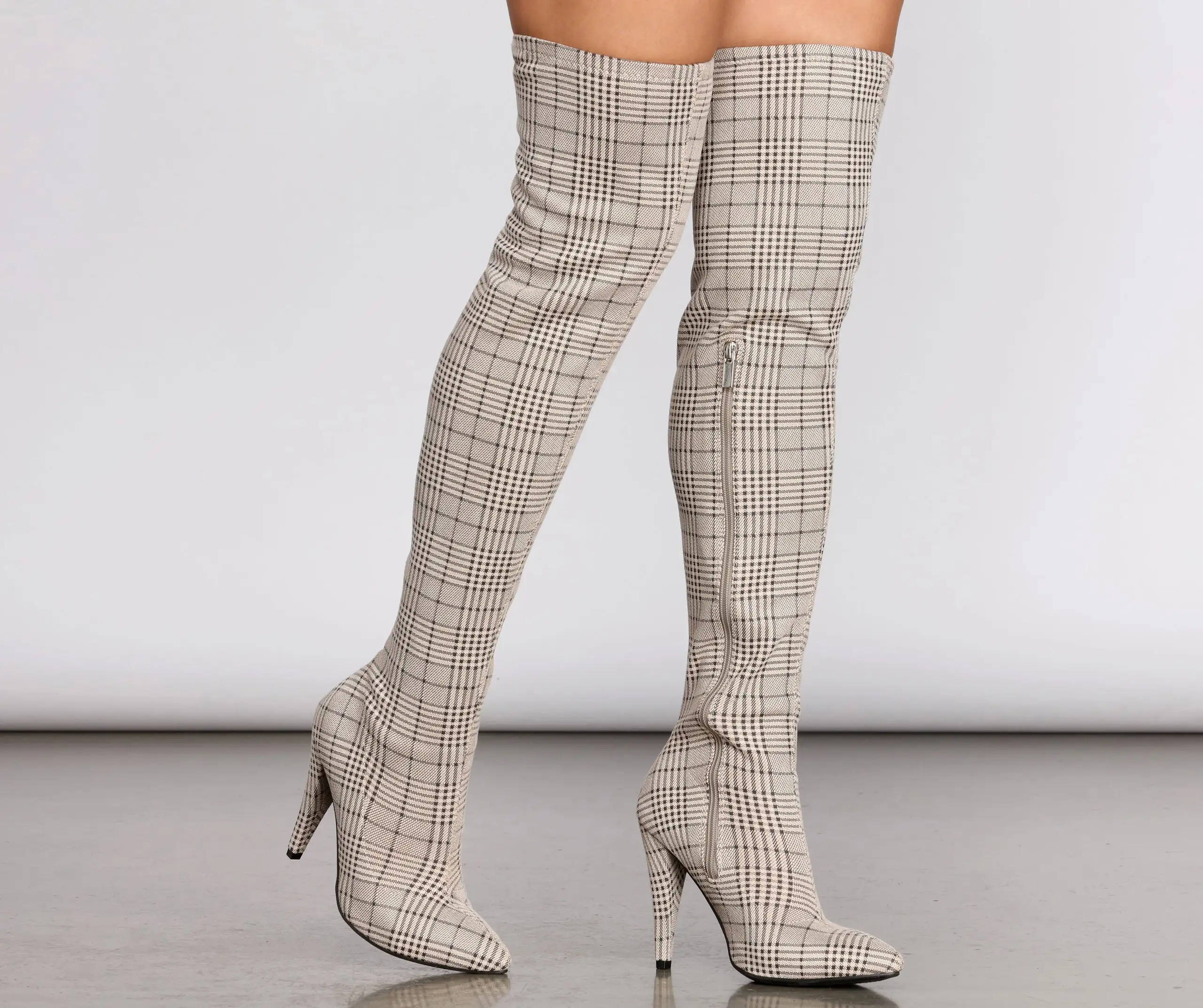 Plaid Thigh High Stiletto Boots