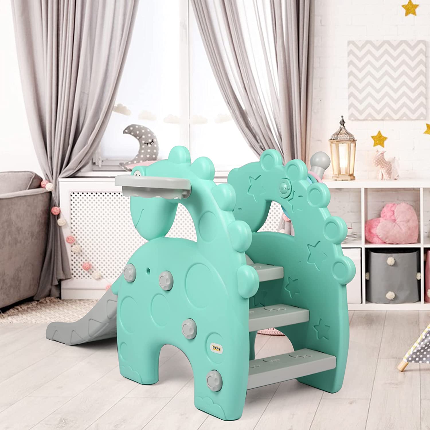 Toddlers Slide and Climber Set - 4 in 1 Play Slide + 3-Step Climbers + Basketball Hoop + 3-Color Ring Toss， Kids Indoor Slide Slipping Backyard Playground Have Fun， Green