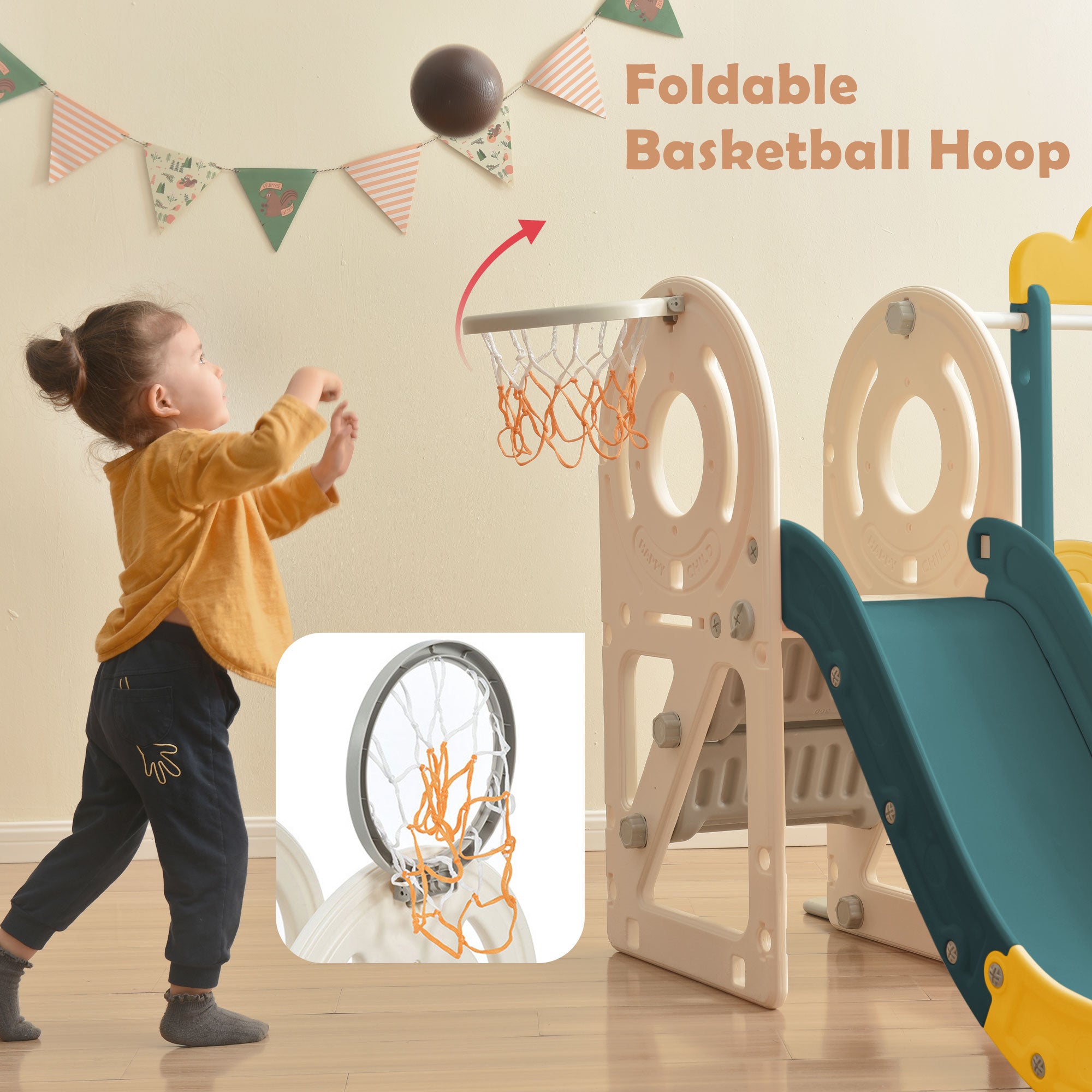 KUIKUI Kids Swing-N-Slide with Bus Play Structure， Freestanding Bus Toy with SlideandSwing for Toddlers， Bus Slide Set with Basketball Hoop
