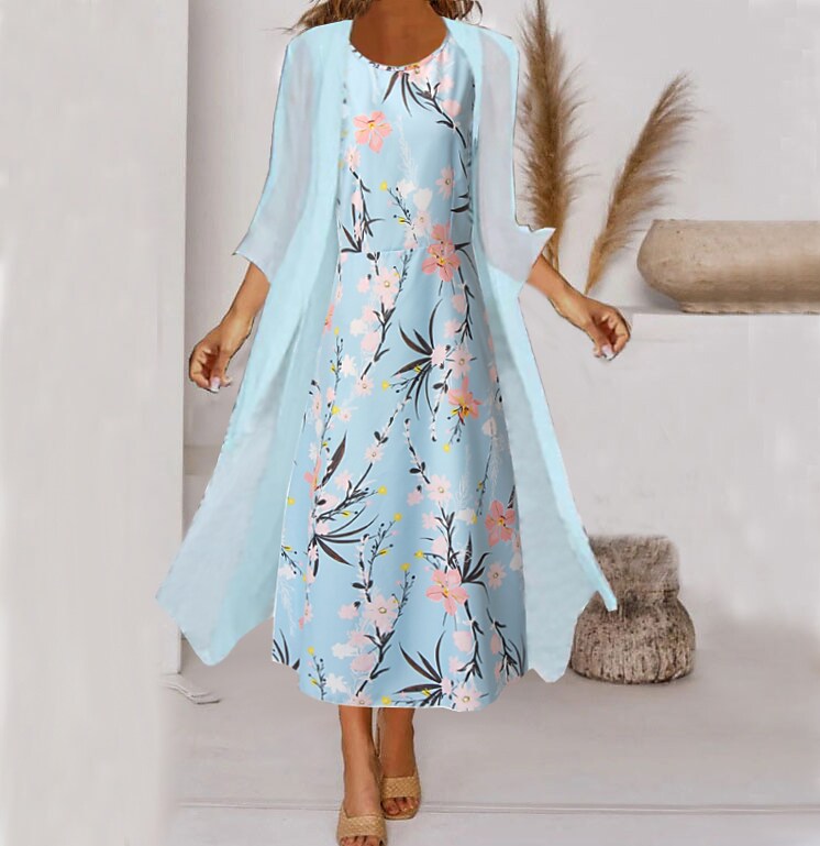 Women‘s A Line Dress Midi Dress Light Green Light Blue 3/4 Length Sleeve Fall Floral Print Fall Spring Round Neck Elegant Casual 2022 S M L XL XXL 3XL
