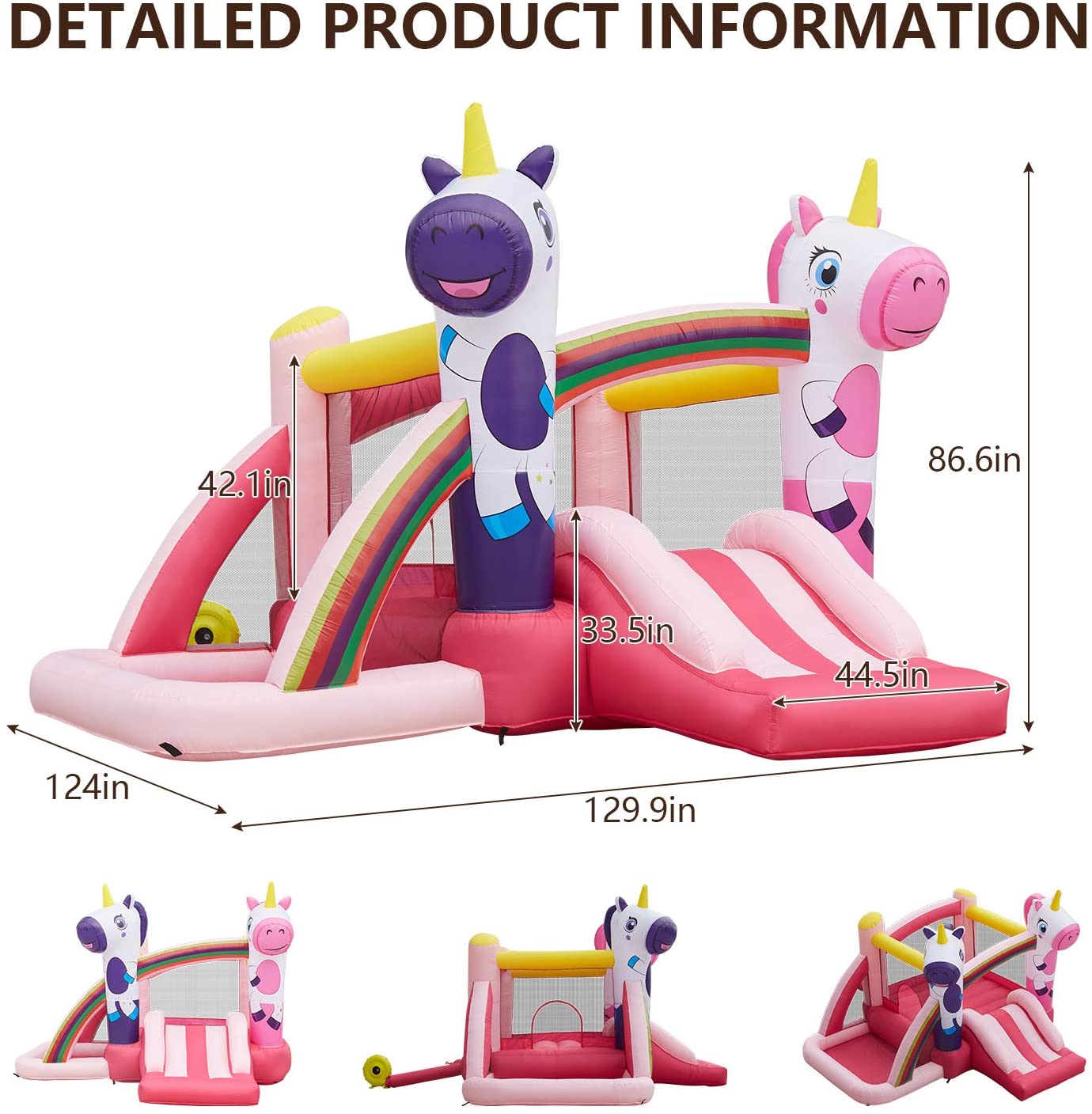 Kinbor Kids Inflatable Jumping Slide Bounce House with Blower Ocean Ball， Pink Unicorn