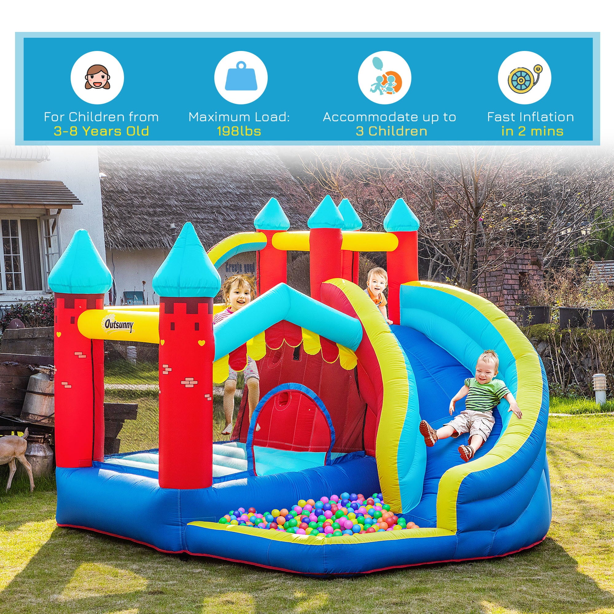 Outsunny 4 in 1 Inflatable Bounce House with Slide， Climbing Wall， and Pool or Ball Pit， Jumping Castle， Four Fun Activities， Water Bounce House for Kids