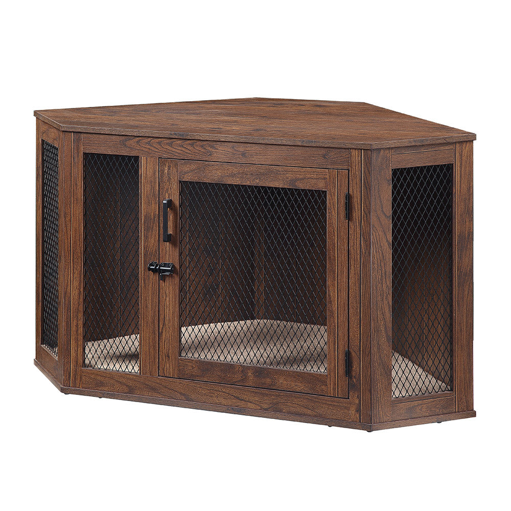 Unipaws Corner Dog Crate， Dog Crate furniture with Cushion， Dog Kennel with Wood and Mesh， Dog House for Limited Room (Medium， Walnut)