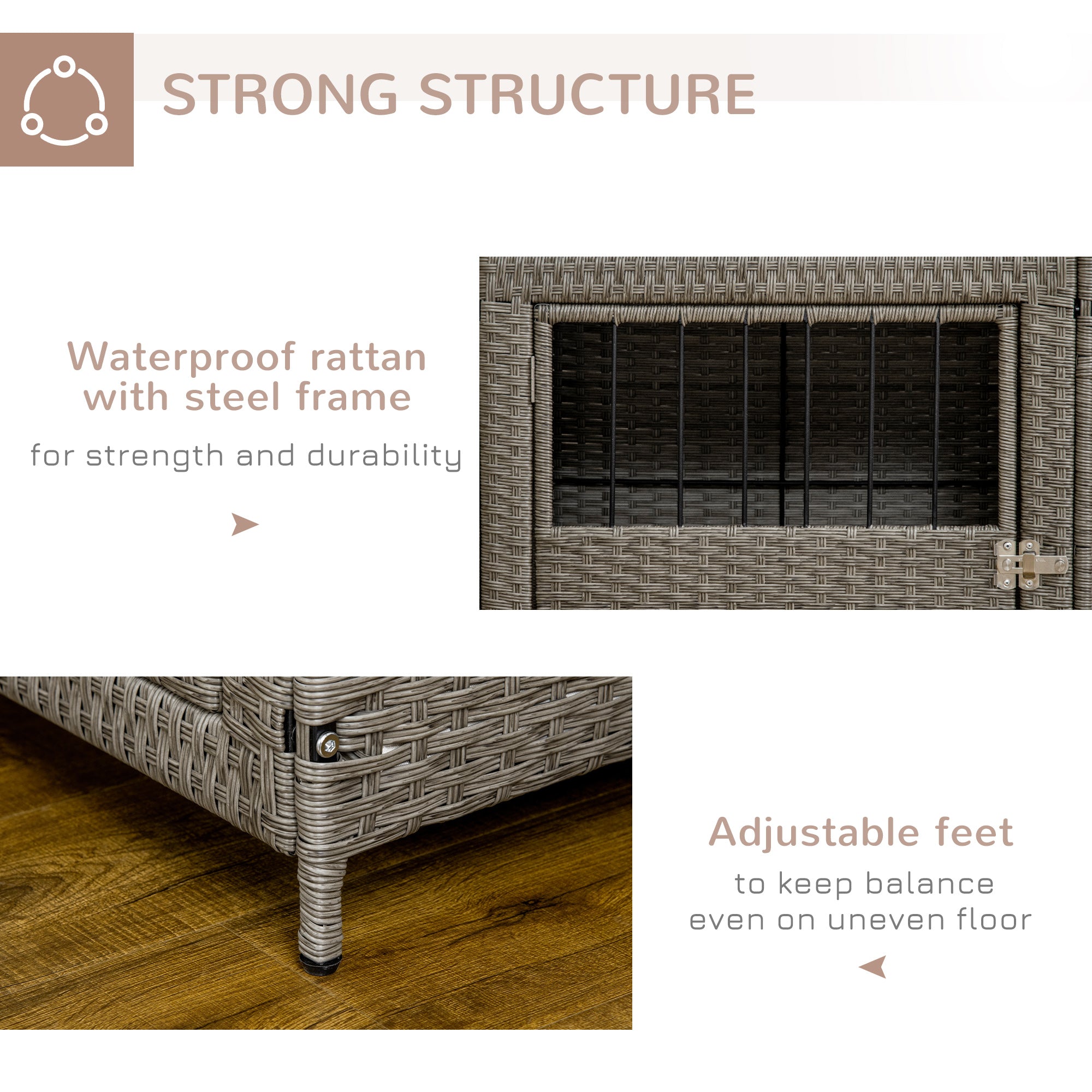 PawHut Rattan Dog Crate， Wicker Dog Cage with Lockable Door and Soft Washable Cushion， Dog Kennel Furniture for Small Sized Dogs， Grey