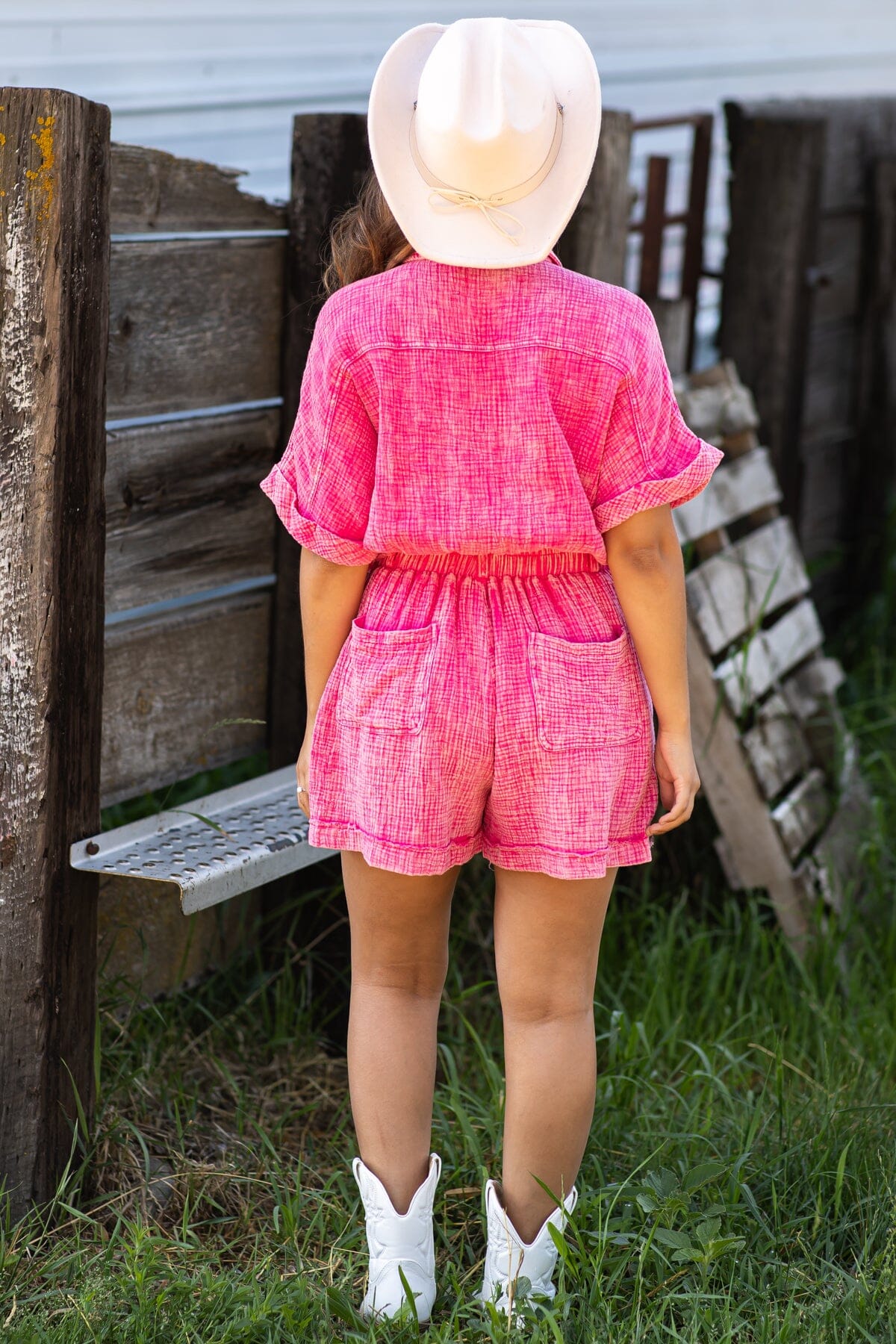 Hot Pink Washed Elastic Waist Romper