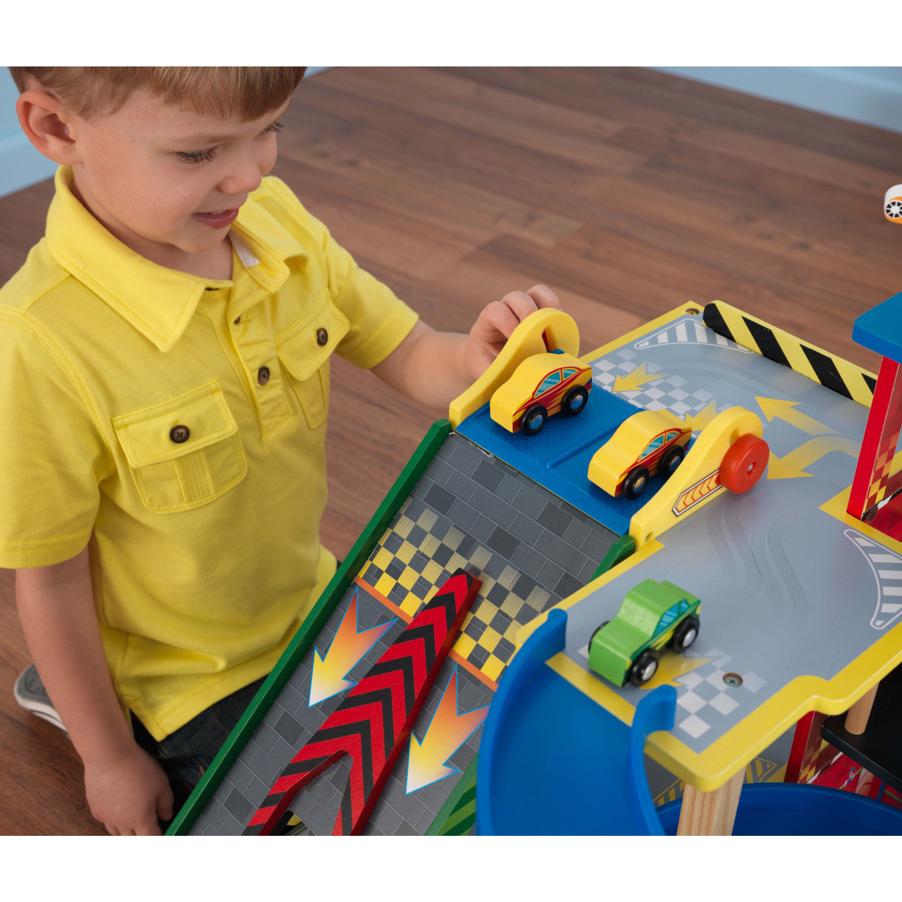 KidKraft Mega Ramp Wooden Racing Play Set with 5 Vehicles. Lights and Moving Elevator